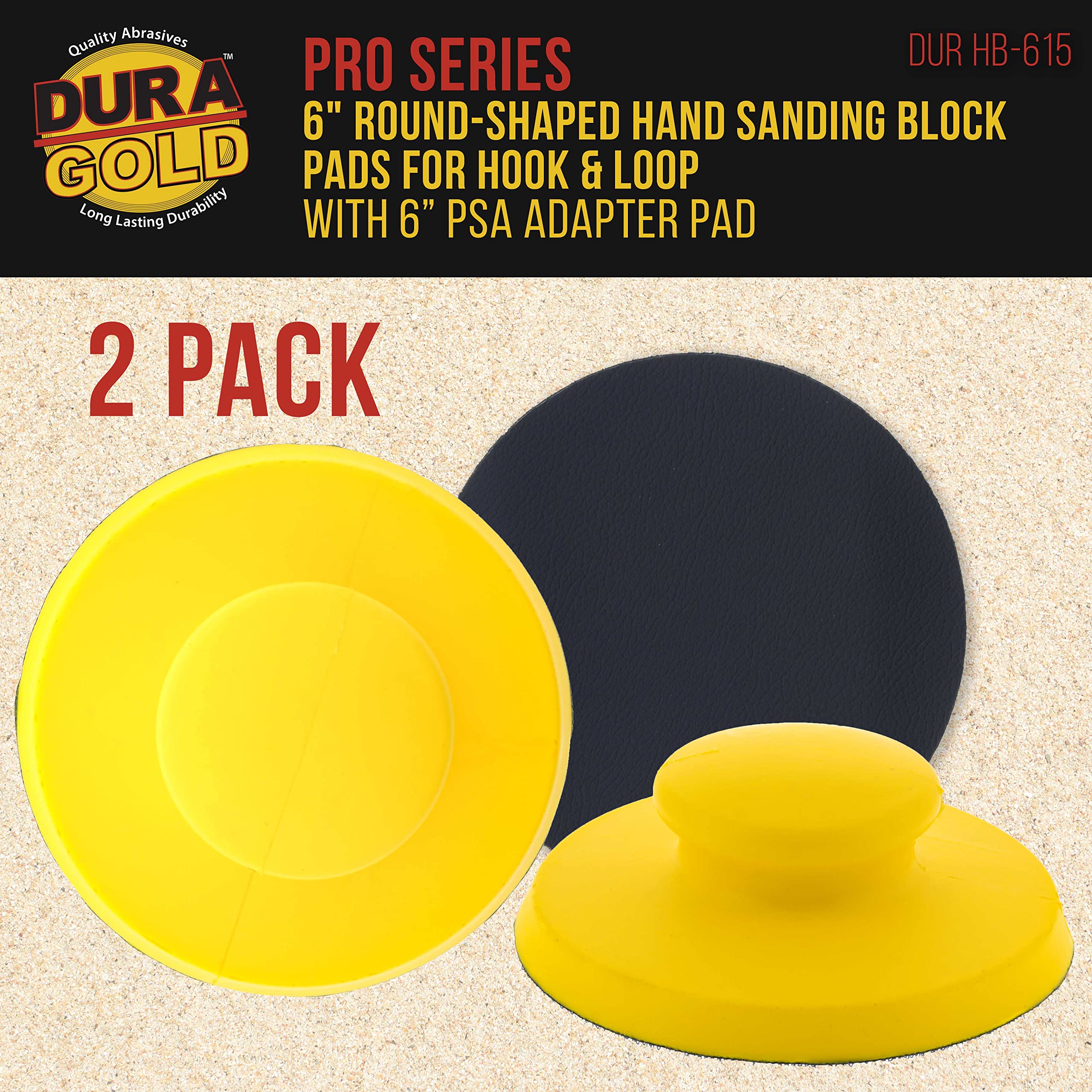 Dura-Gold Pro Series - Bloque de lijado manual redondo de 6 pulgadas para discos de lijado DA de gancho y bucle y PSA de 6 pulgadas, paquete de 2 – Almohadilla adaptadora de conversión de papel de
