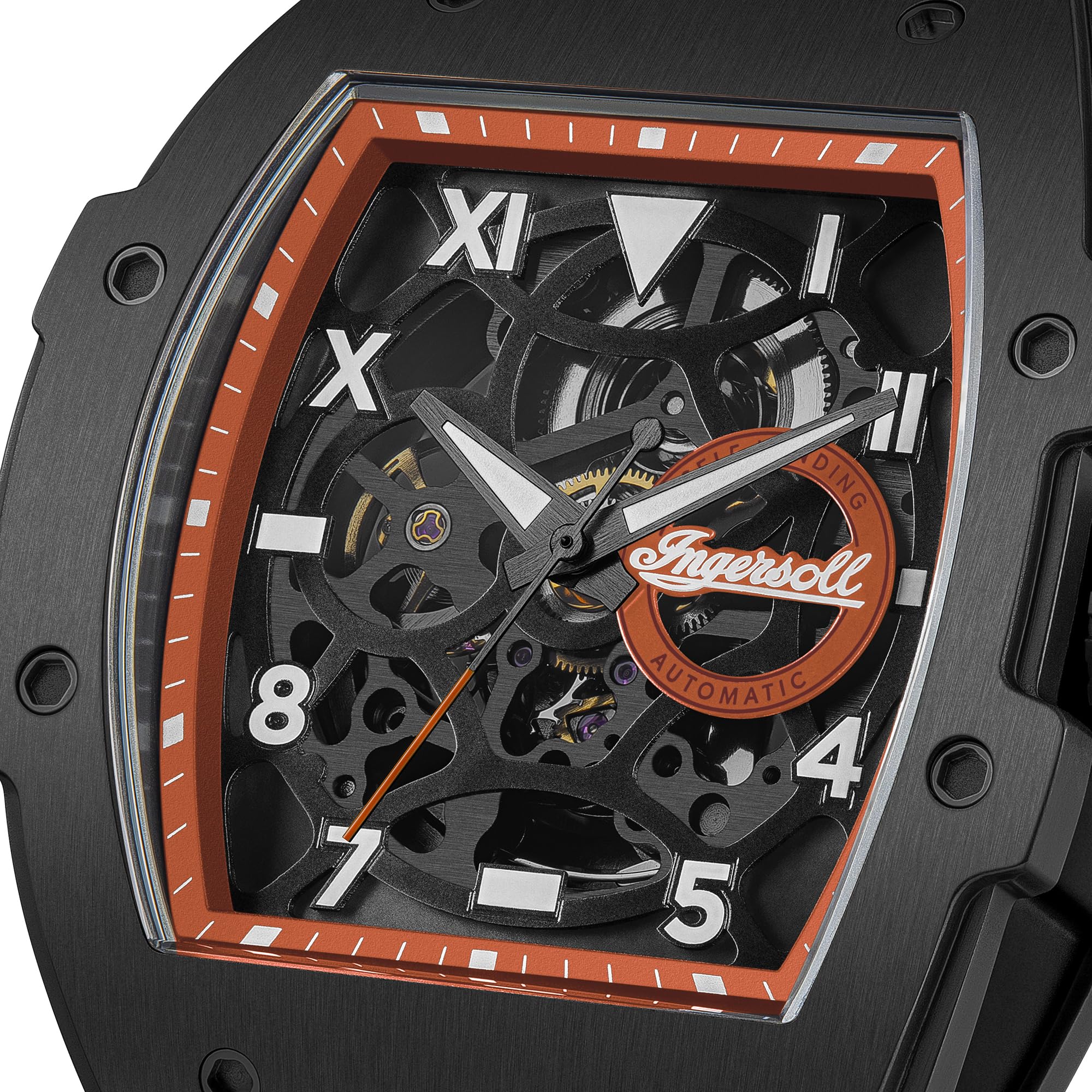Ingersoll The Play I15304 Męski automatyczny zegarek 45 mm z czarną tarczą szkieletową i pomarańczowym paskiem PU