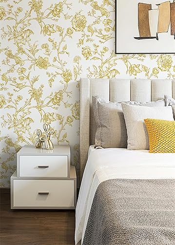 Miniatura 2 de Safiyya Papel tapiz dorado y blanco de 393 x 17.3 pulgadas, papel de contacto con pájaros florales, papel tapiz autoadhesivo dorado extraíble para