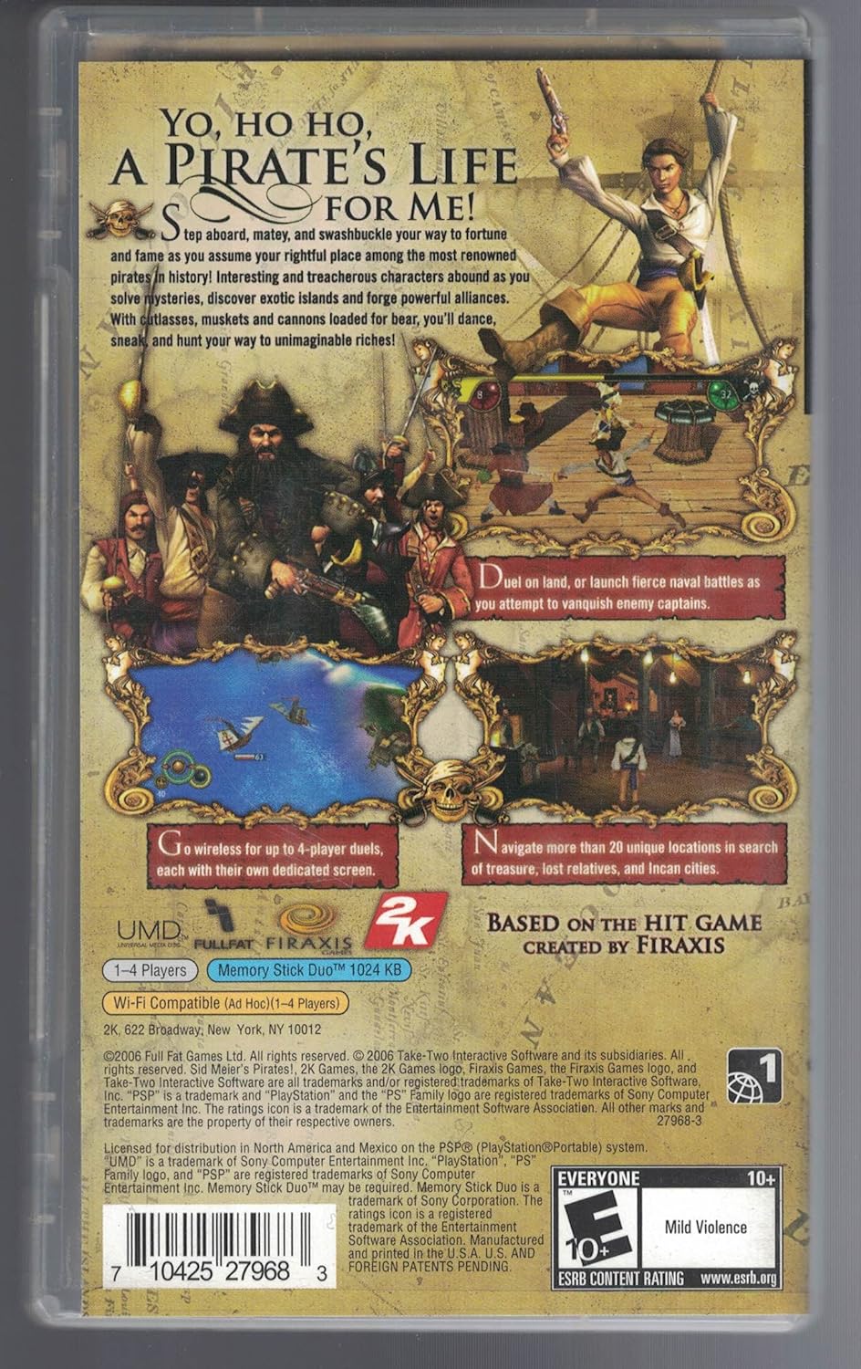 Back cover of Sid Meier's Pirates! for Sony PSP, detailing game features and screenshots.