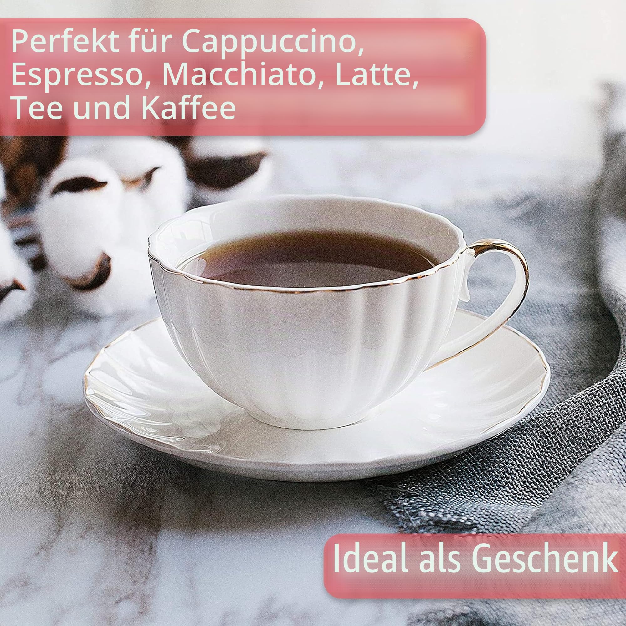 BTaT- Teetassen und Untertassen, 6er Set (200 ml) mit Goldrand und Geschenkbox, Cappuccinotassen, Kaffeetassen, weiße Teetassen Set, britische Kaffeetassen, Espressotasse, weiße Tasse | Kaffeetassen Set aus weißem Porzellan, spülmaschinenfest, ideal für M