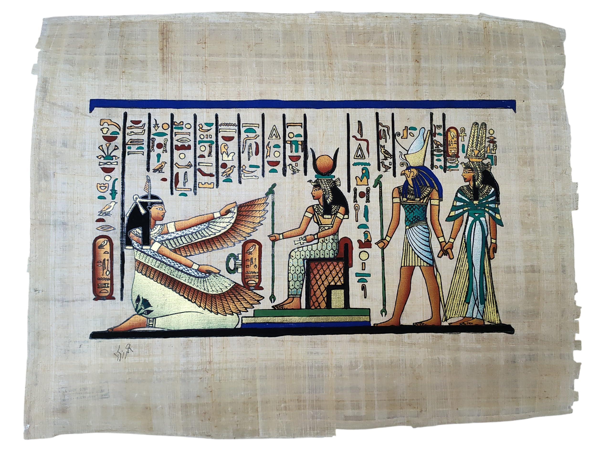 PAPIRO EGIZIO ORIGINALE di Maet, Iside, Horus con Nefertari su papiro originale 33x43 cm fatto e dipinto a mano in Egitto Ref.24H-B
