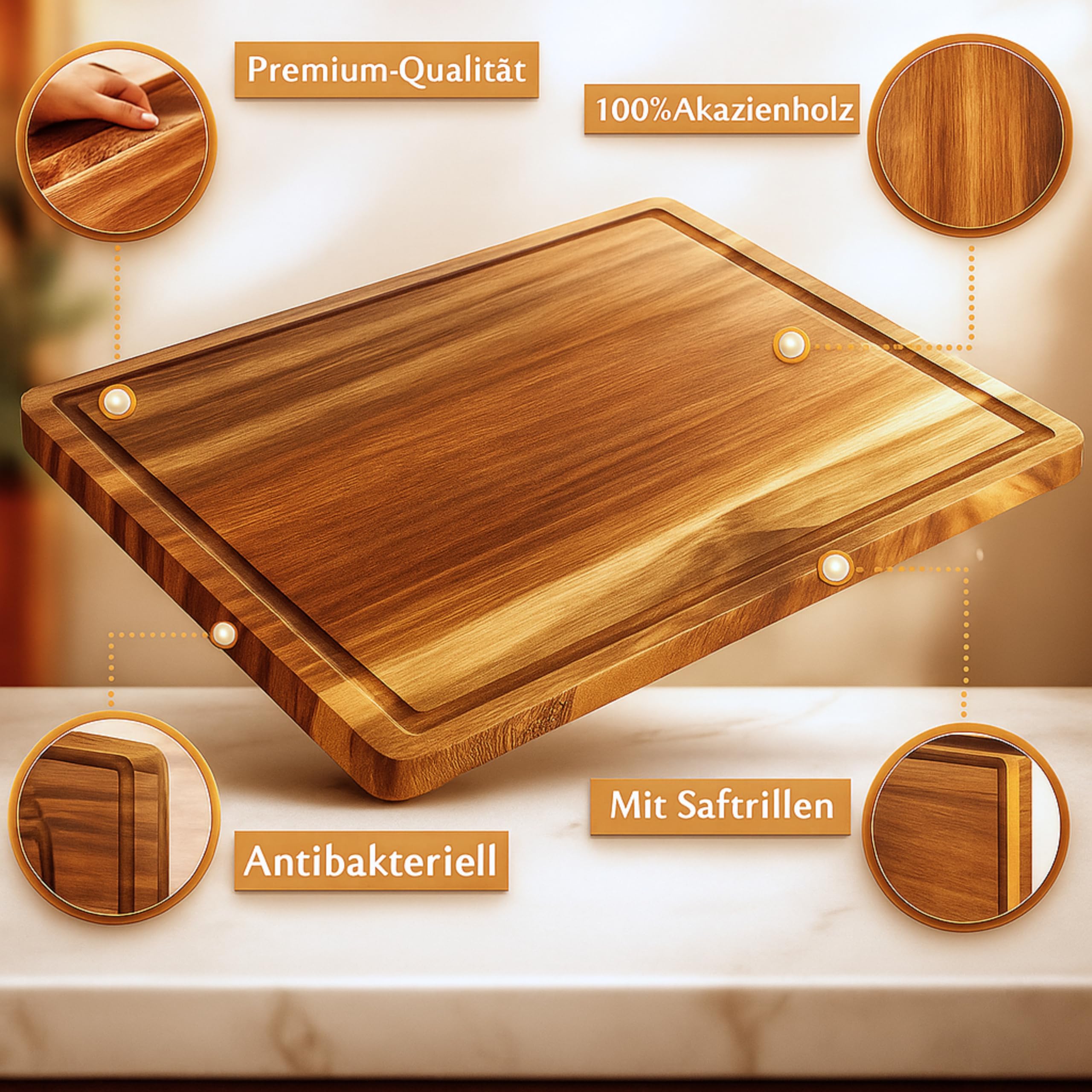 Akazienholz Schneidebretter mit Saftrille -Moderne Schneiderbrett 3er Set - Vielseitig Einsetzbar für Küche & als Servierplatten(43x30, 30x25, 30x17cm)1,5cm dick - Schneidebrett Holz