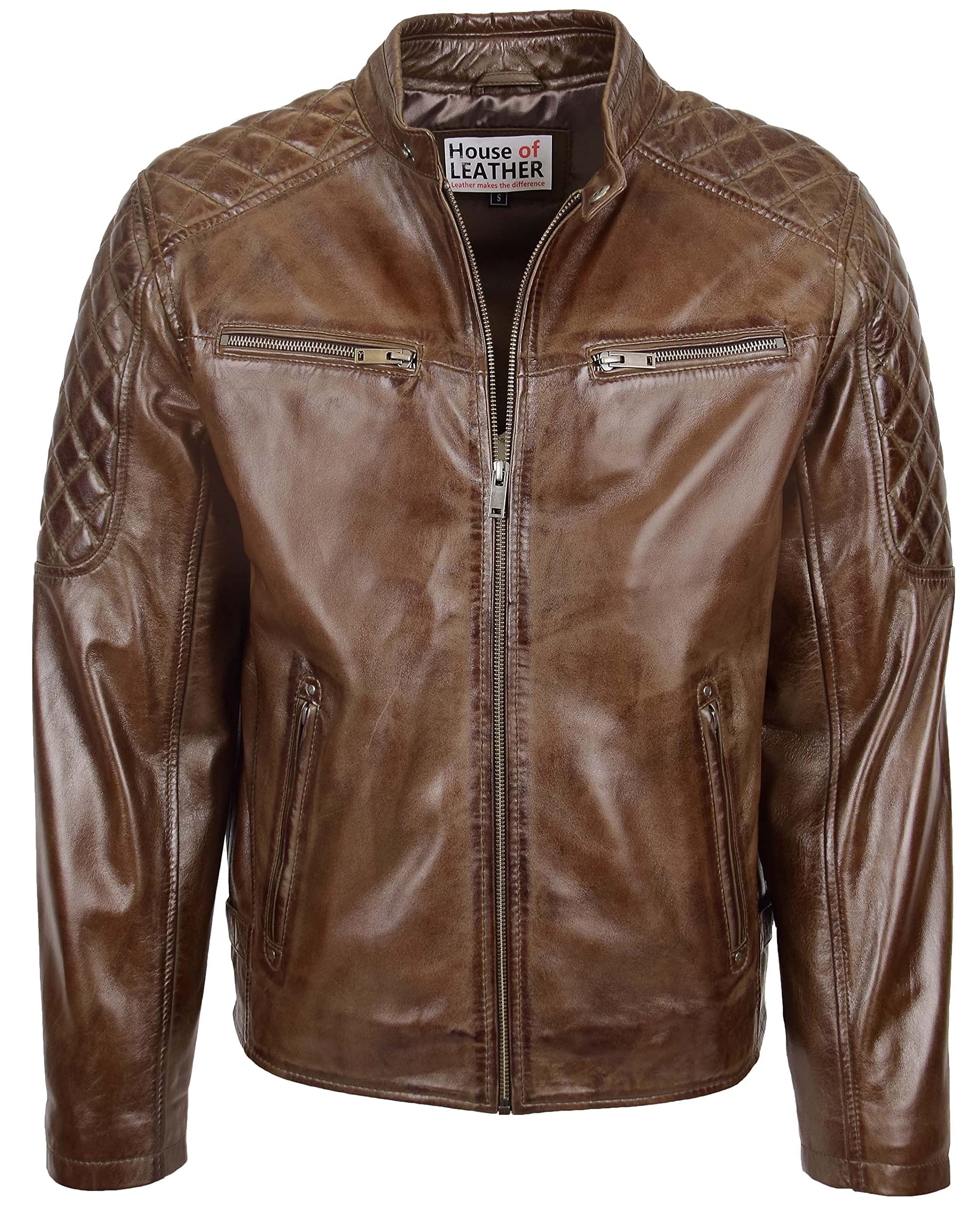 Mens Real Leather Biker Jacket Quilt Detailing Jackson (L, Brown)