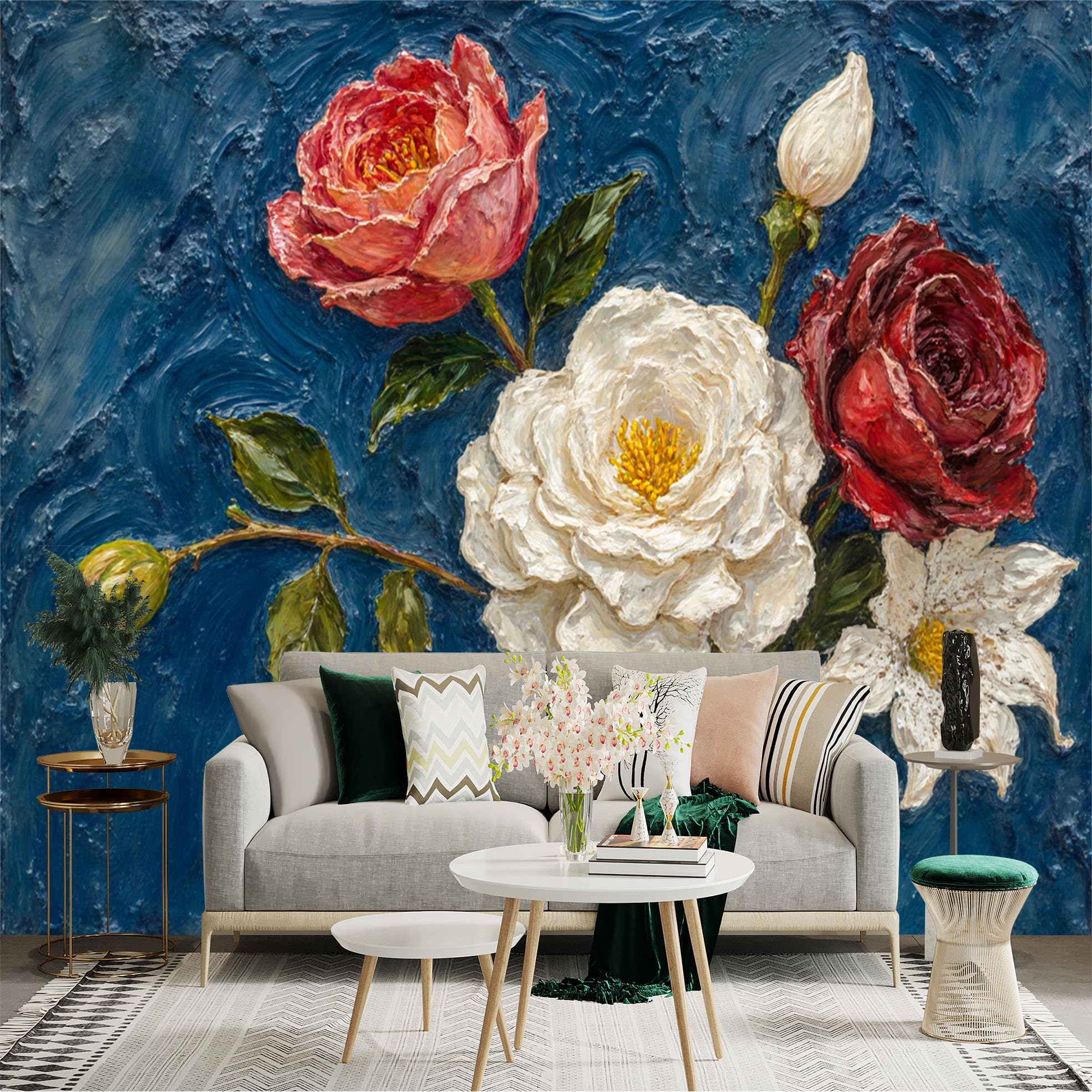 Custom Size Wall Sticker Mural， Oil Painting of Blooming Roses， Vibrant Floral Bouquet， Rich Textured Navy Blue Background， Art Print， for wall Decoration， peelandstick wall Decals.