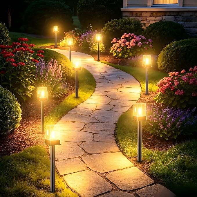 Solar Pathway Lights Outdoor 8 Pack, Solar Garden Lights Warm White 4 Lighting Modes, Solar Path Lights Auto On/Off, Landscape Lighting for Yard Walkway Driveway Patio Lawn Decor