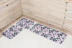 Jogo de Tapetes para Cozinha 3 Peças Geométrico Rosa – Antiderrapante e Confortável | Tapete Cozinha Poliéster e Látex – Tecil