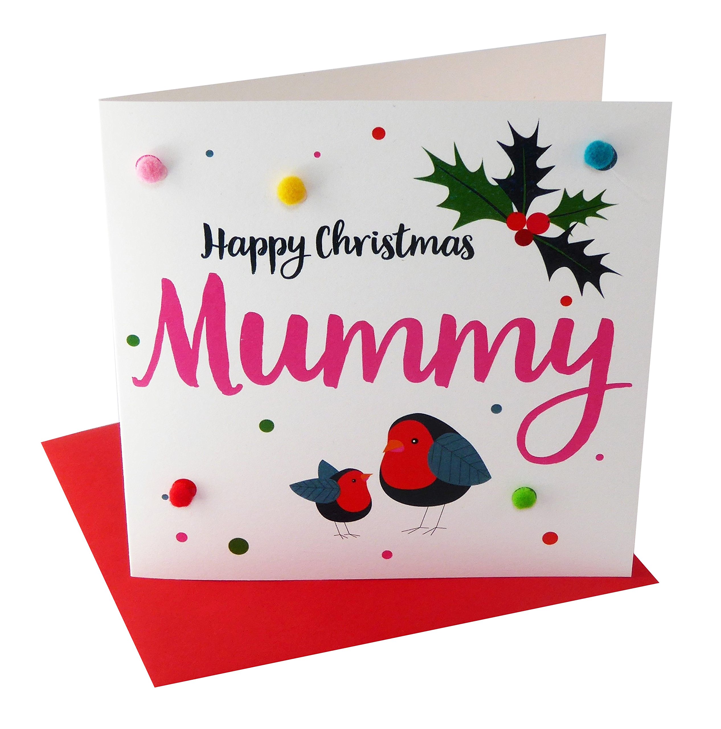 Claire Giles Greeting Cards, Happy Christmas Mummy Card, Two Robins Design Xmas Greeting Card, Embellished with Colourful Pompoms