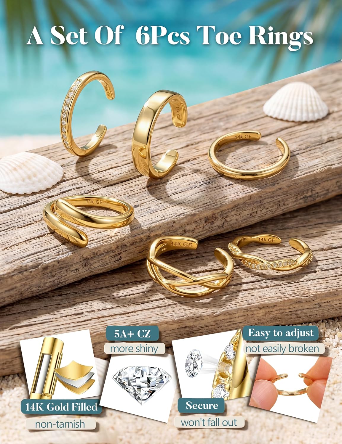 Subiceto 6 Pcs 14K Gold Filled Toe Rings for Women Non Tarnish Dainty Open Adjustable Toe Ring Set Stackable Cz Hypoallergenic Beach Summer Foot Jewelry for Women