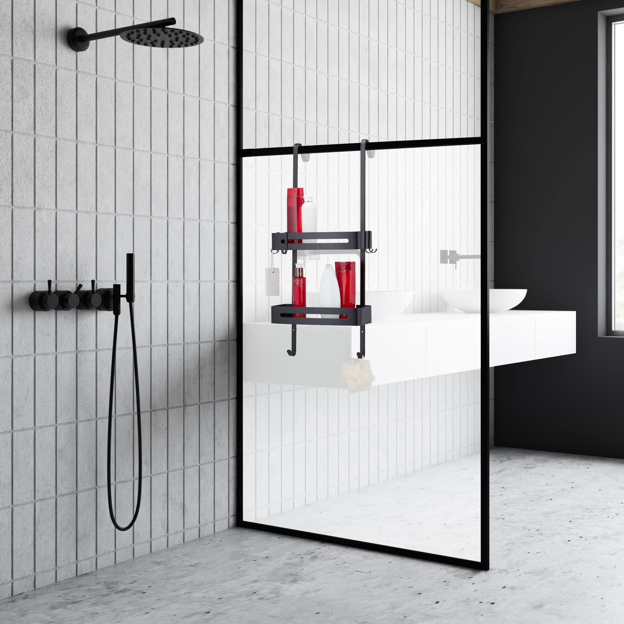 Relaxdays Estante Ducha para Colgar, 2 Cestas, 8 Ganchos, Balda Baño sin Taladrar, Aluminio, Soporte Champú, Negro