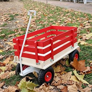Sturdy Wooden Garden Cart with Rubber Inflatable Wheels - Perfect for Outdoor Camping, Courtyard Transport & Family Trailer Use.Versatile Outdoor Garden Utility Wagon (Red)