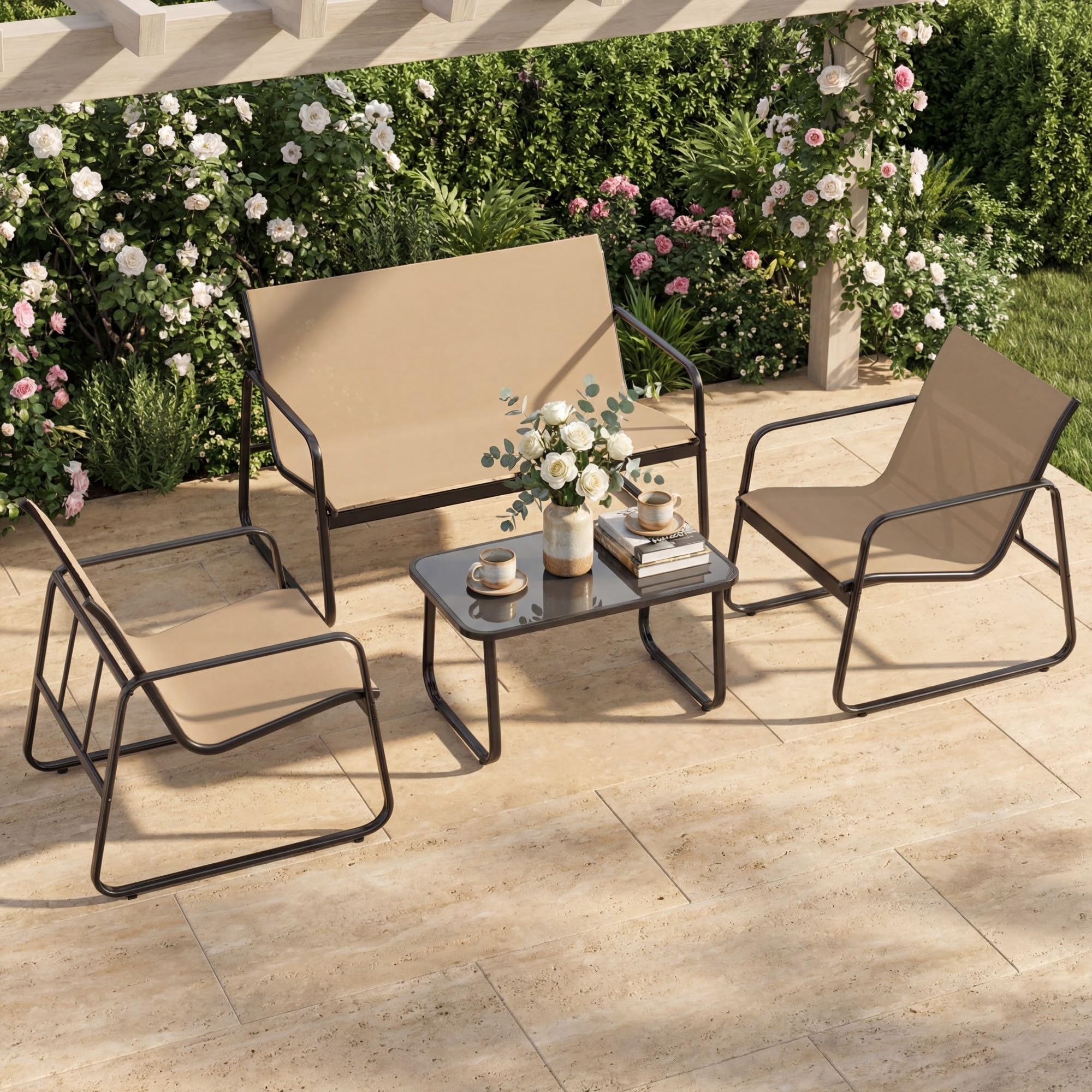 GIANTEX 4-częściowy zestaw mebli ogrodowych, 1 sofa 2-osobowa, 2 krzesła, 1 stół ze szkła hartowanego, stabilna metalowa rama, zestaw mebli ogrodowych na patio, ogród, podwórko (brązowy)