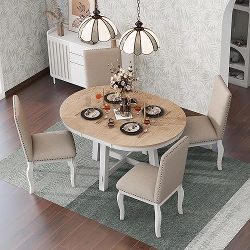 Miniatura 2 de Conjunto de mesa de comedor de cocina Harper & Bright Designs para 4, juego de 5 piezas, mesa de comedor redonda extensible de madera y 4 sillas