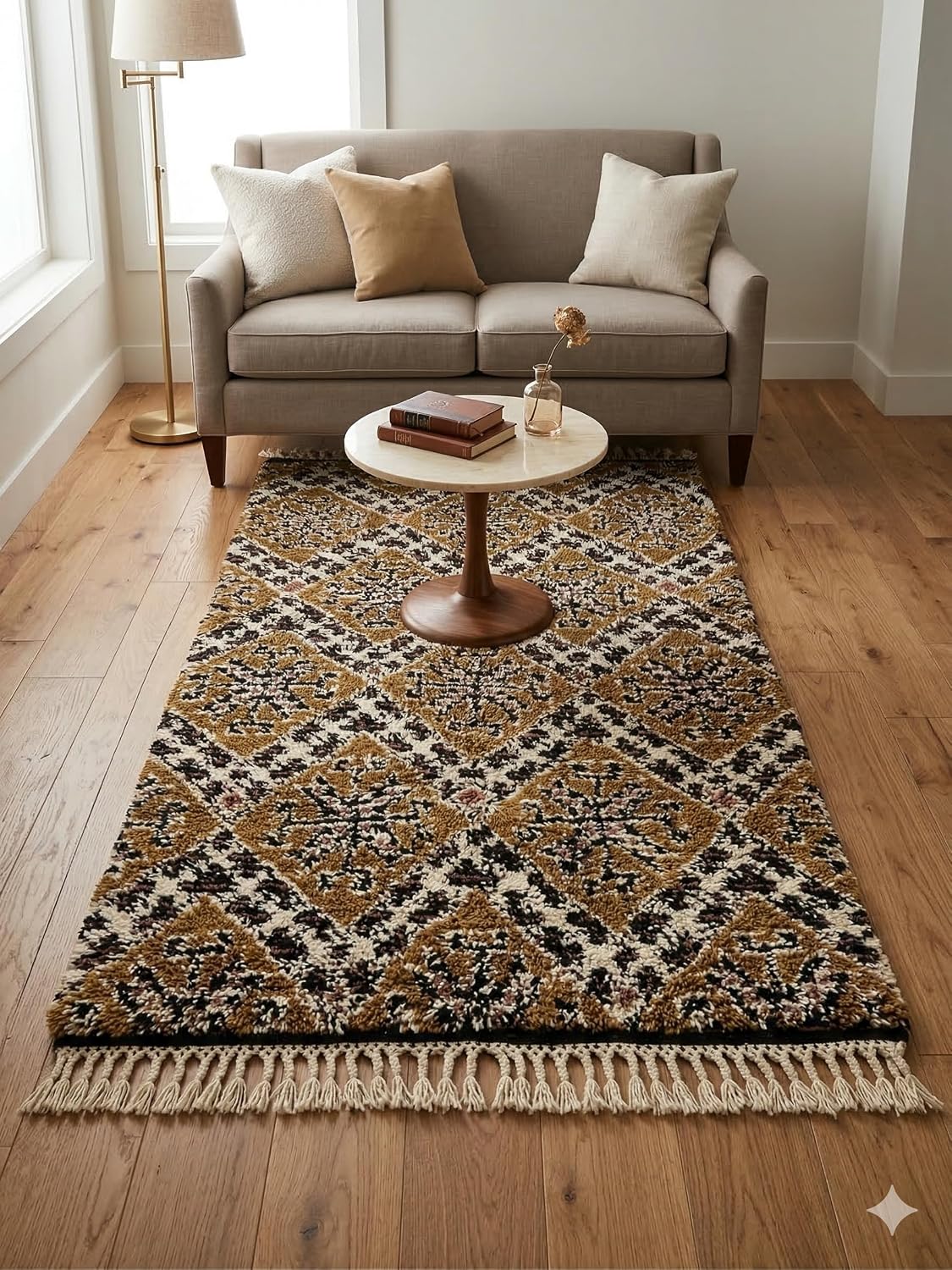 Moroccan Wool Rug 4' x 6' – Handmade Berber Shag Area Rug, Ochre and Cream Traditional Diamond Pattern, Atlas Artisan Wool Carpet (Fringe on Both Ends)