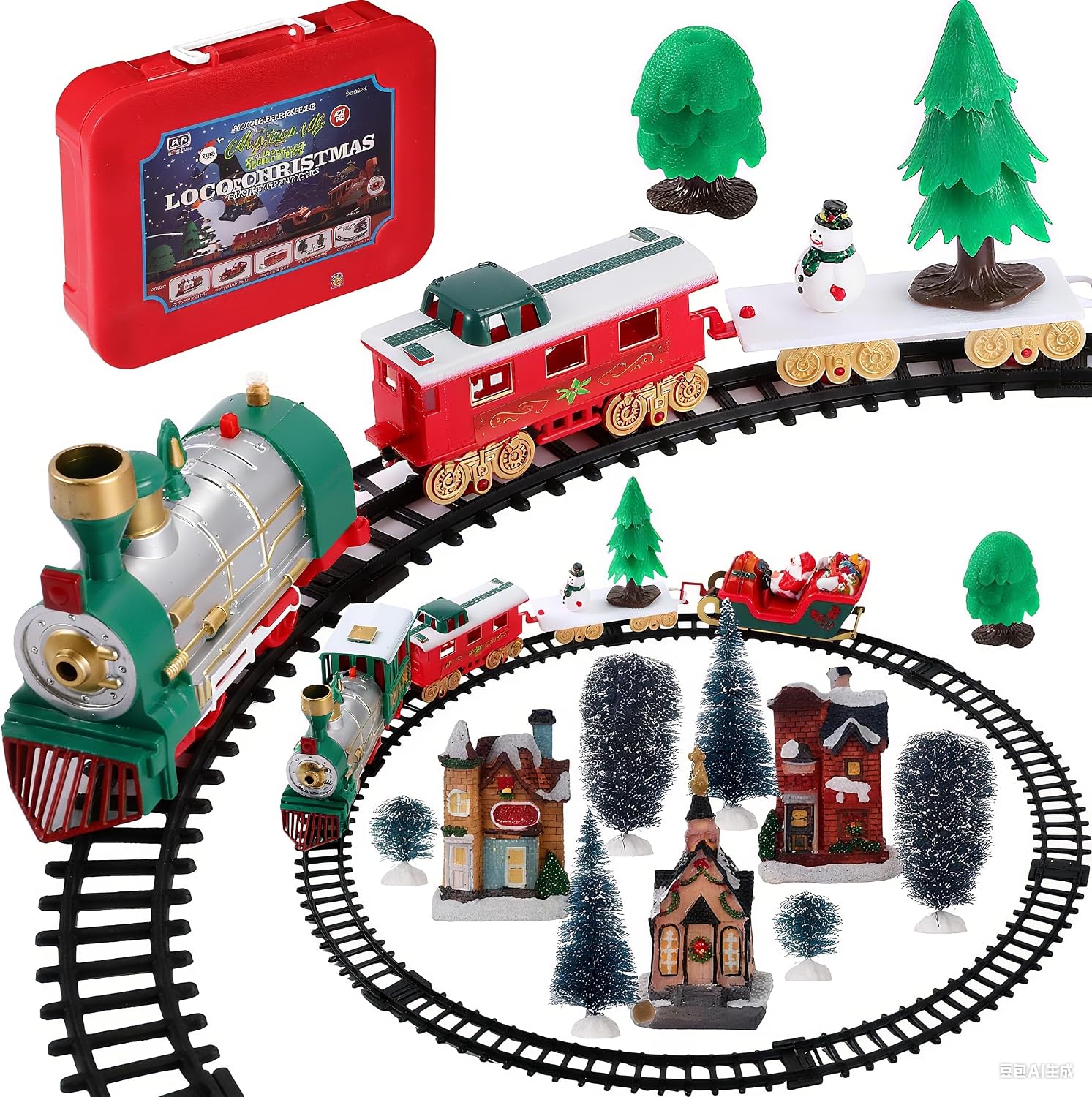 Thyle 10 Pcs Mini Christmas Village Train Decoration Under the Xmas Tree | 1 Christmas Train Set, 3 Resin Village Houses, 6 Mini Sisal Snow Trees Holiday Party Gifts, Battery Not Included