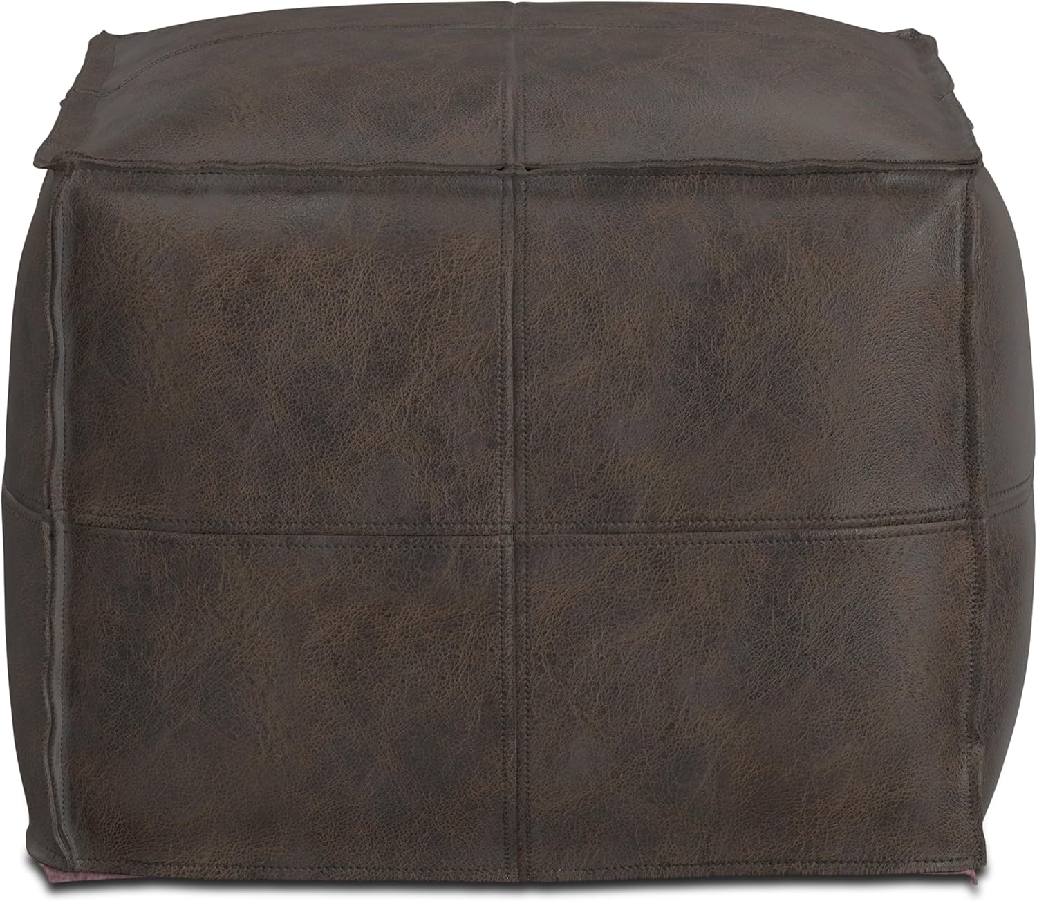 SIMPLIHOME Sheffield Square Pouf - 18" Wide x 14" High Genuine Leather Ottoman in Distressed Dark Brown, Boho-Style Footrest, Extra Seating, or Accent Piece for Living Room or Bedroom, Assembled