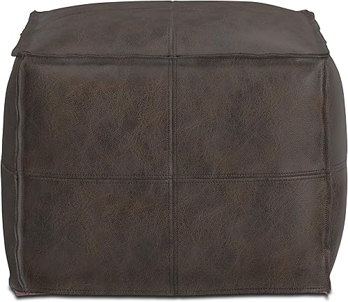 Miniatura 4 de SIMPLIHOME Sheffield - Puf cuadrado bohemio en cuero marrón oscuro envejecido para sala de estar, dormitorio y habitación de los niños