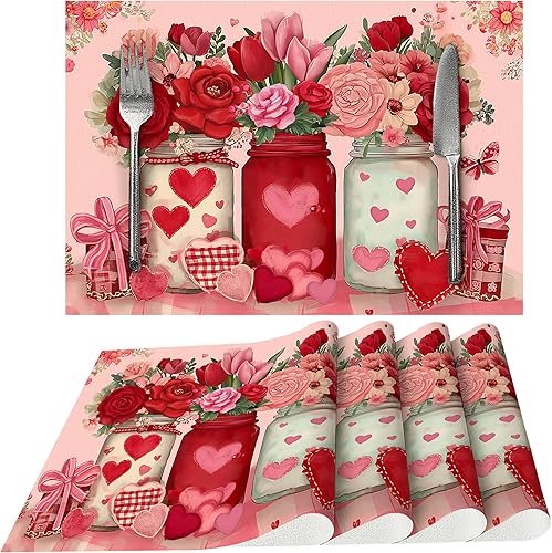 Miniatura 35 de Juego de 4 manteles individuales de tela vintage rosa para mesa de comedor, manteles individuales rectangulares de tela Rosa Vintage,Oso y