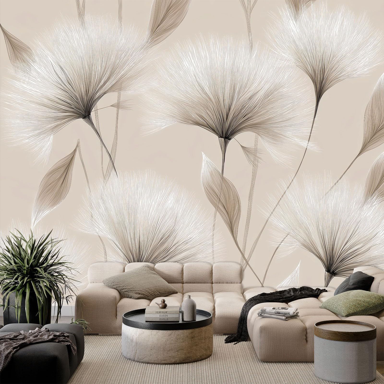 Photo Wallpaper W 400 x H 280 cm - Non-Woven Premium Abstract Plants Leaves Dandelion Wall Mural for Living Room Bedroom, Mural Wallpaper TV Background Wall Home Decoration, Cream