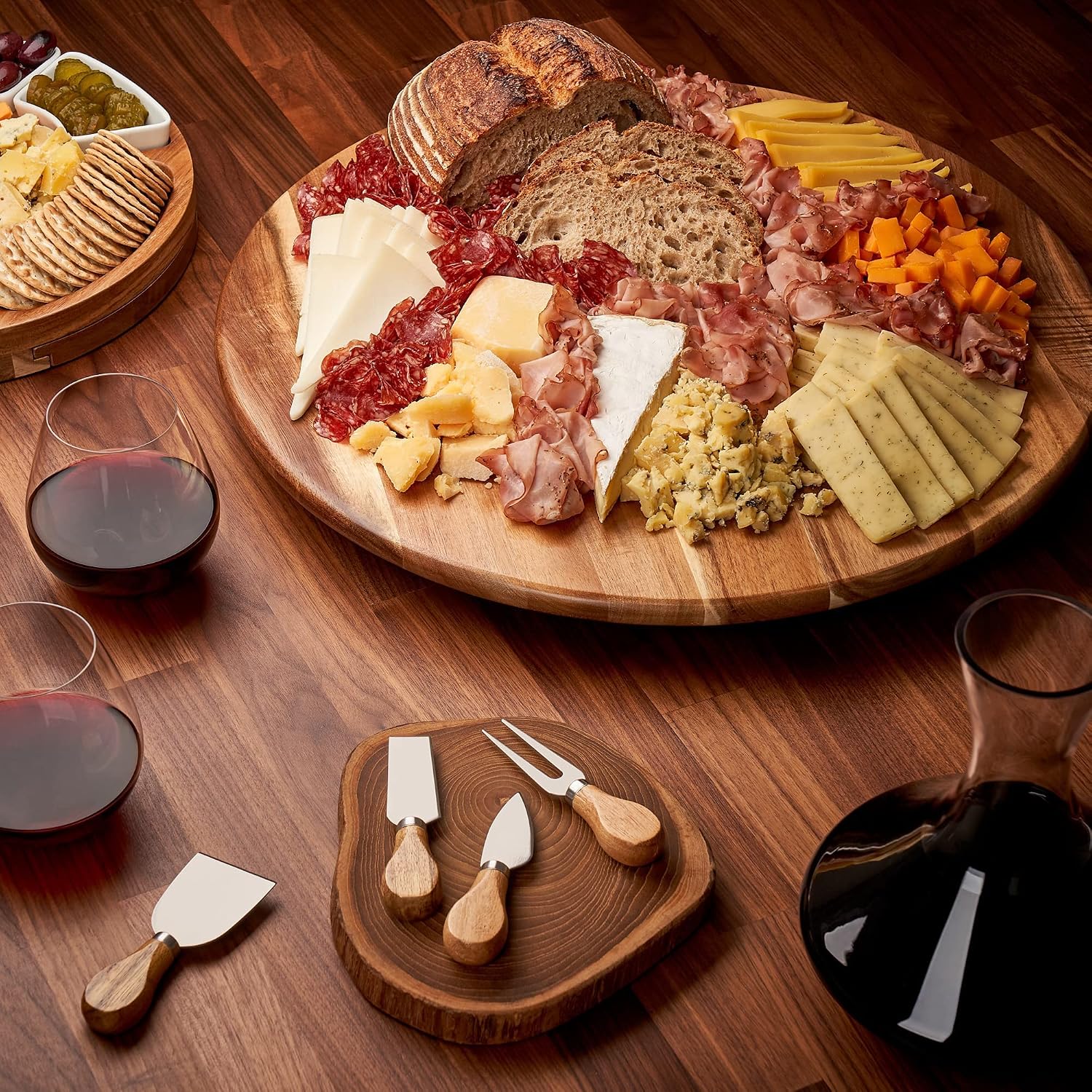 Beautiful 21" Lazy Susan Turntable with Cutlery Set - Solid Acacia Wood Serving Board Spins Smoothly to Enjoy Convenient Dining On Every Table - The Ultimate Cheese Board for Your Gatherings