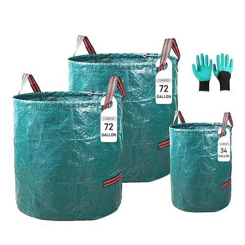 2x72Gallons+1x34Gallons (Free Gloves) Garden Leaf Bags,Reusable Heavy Duty Yard Waste