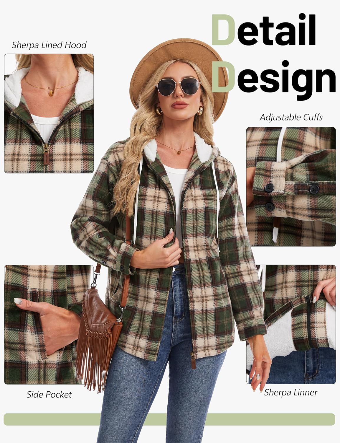 YUCOLEN Women's Fleece Flannel Jacket Plaid Zipper Sherpa Jacket Long Sleeve Hooded Winter Warm Coat with Pockets