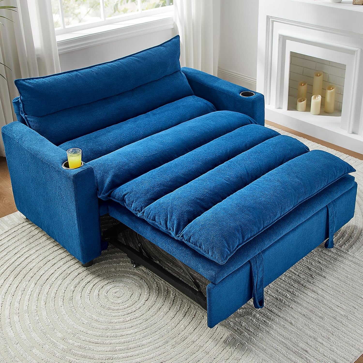 ivoros Sofa Bed, Pull Out Sofa Bed, 3-in-1 Folding Convertible Sofa Bed, Sleeper Sofa Couch with Adjustable Backrest & 2 Cup Holders, Velvet Loveseat Sleeper Bed for Living Room, Bedroom, Blue
