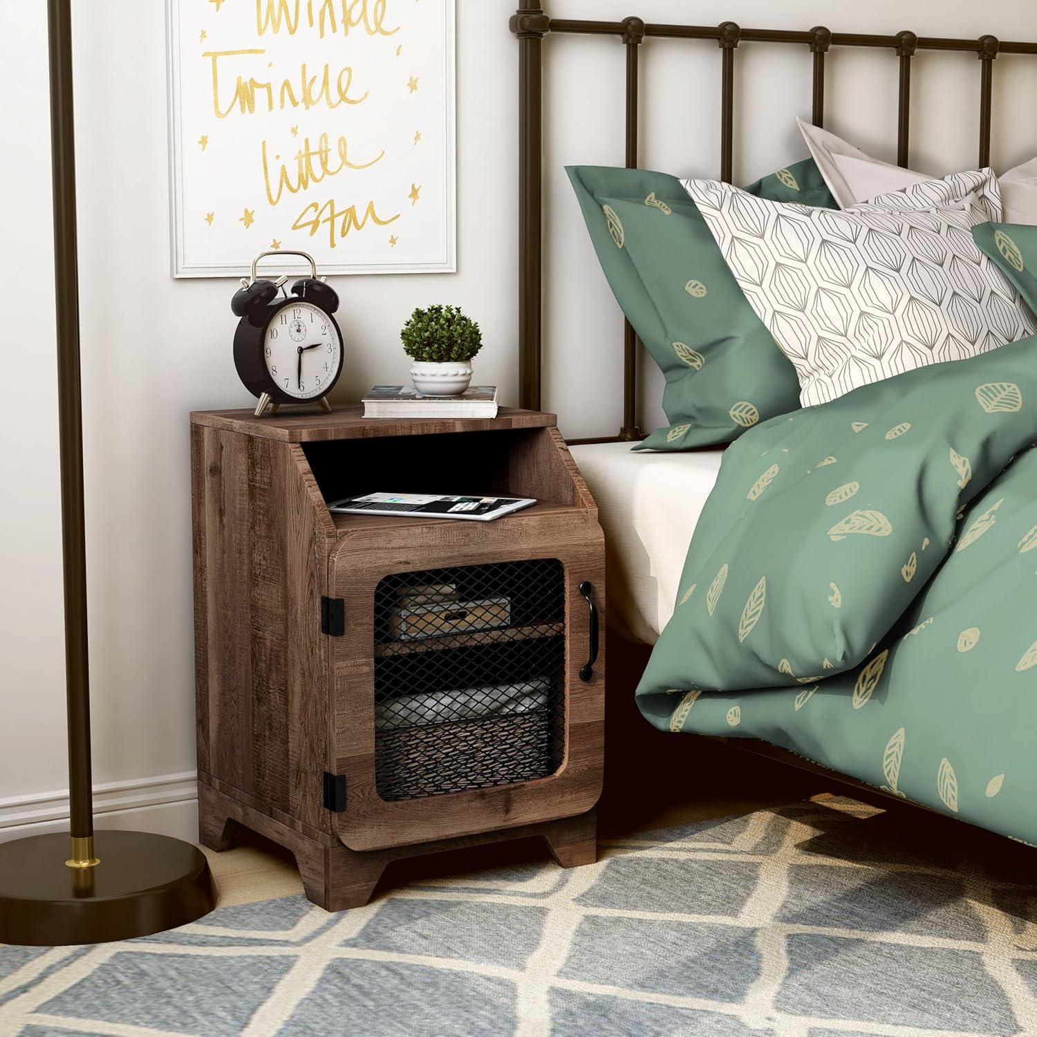 24/7 Shop at Home Ellis Farmhouse Storage Wood 16 in. End Table with Adjustable Shelf for Living Room, Bedroom, Home Office, Oak Brown