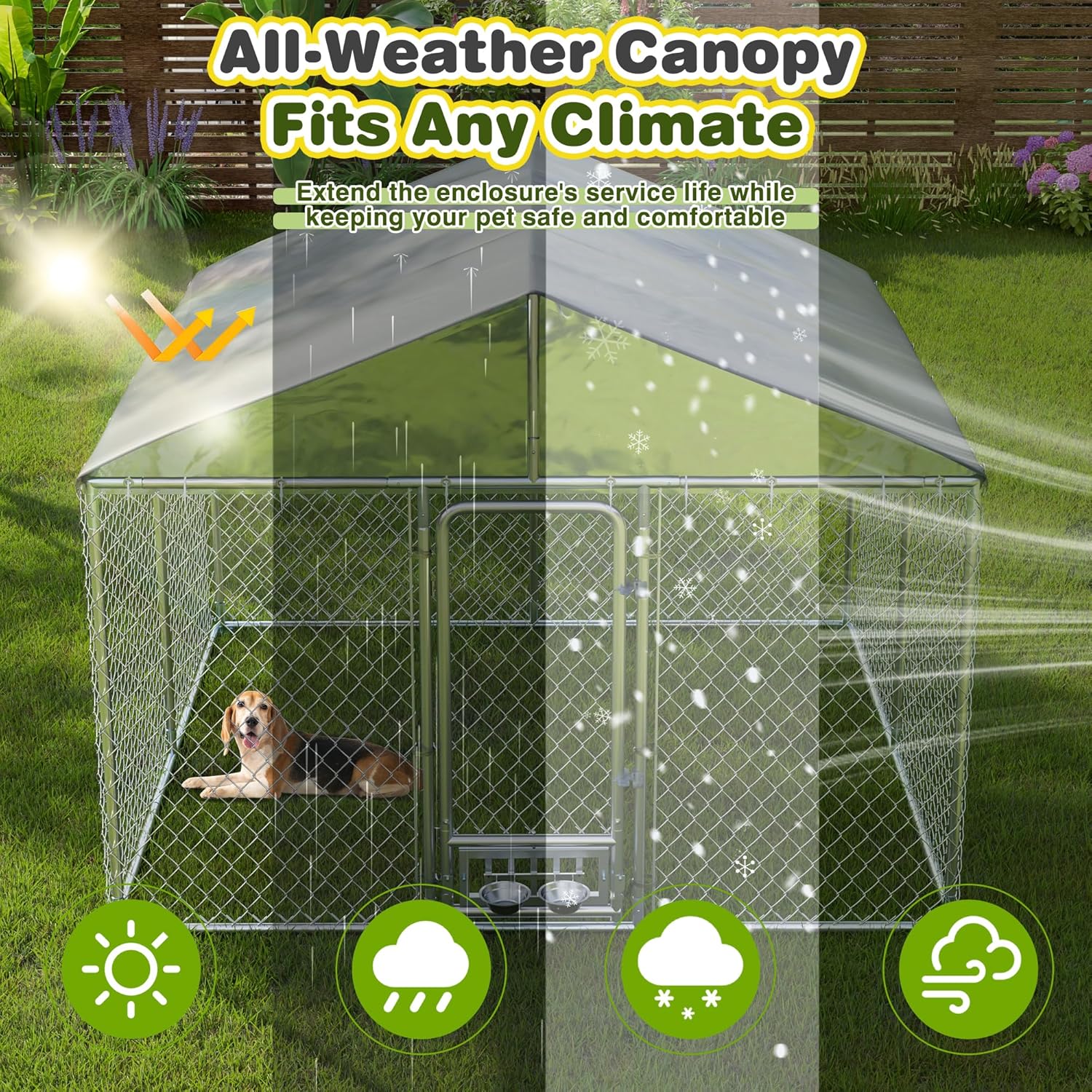 MAGIC UNION Large Dog Kennel with Rotating Feeder Bowls, Outdoor 9.8'x9.8' Heavy Duty Dog Cage Enclosures, Dog Pens Fence with Waterproof UV-Resistant Cover and Secure Lock