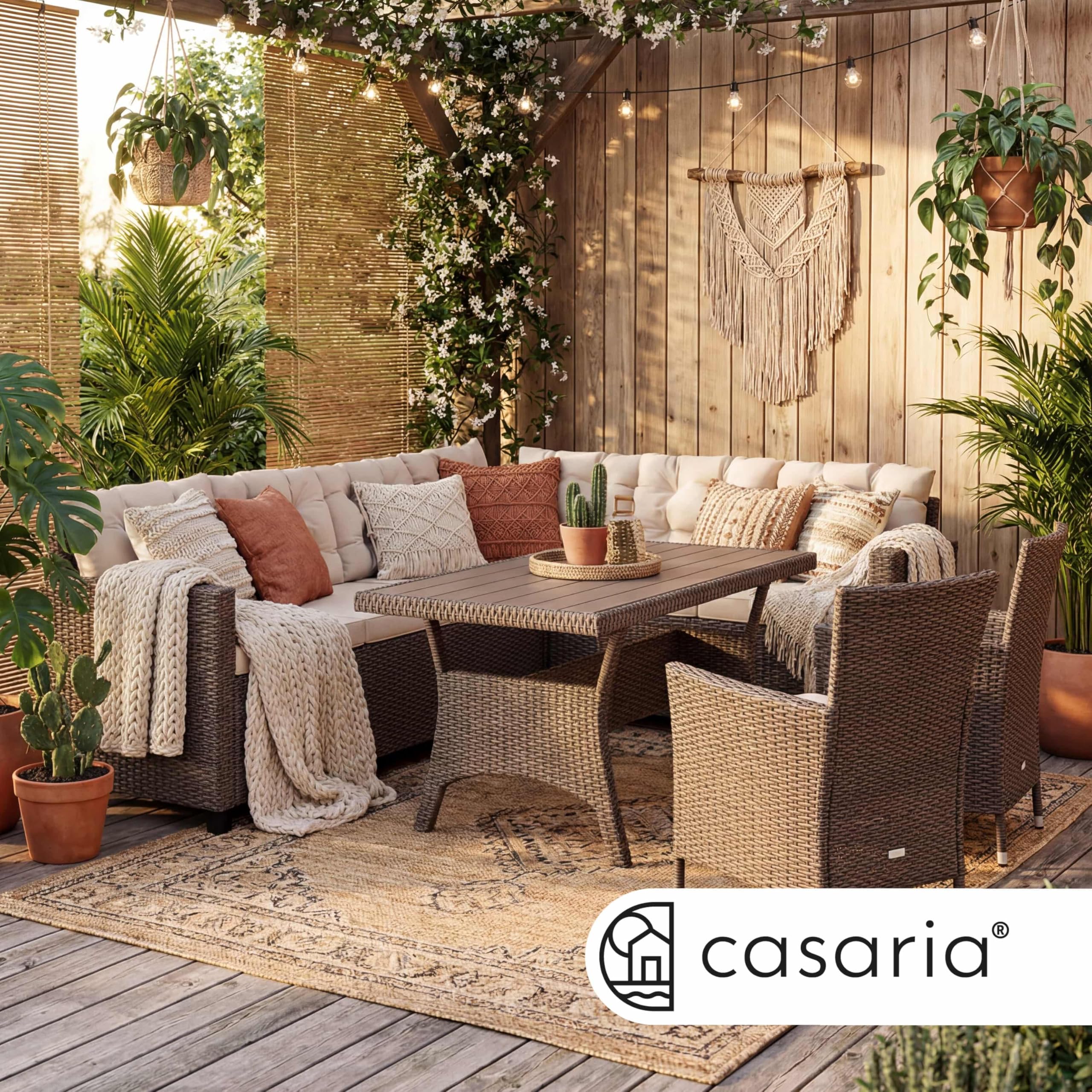 Casaria Set di Mobili Outdoor Salottino Esterno Polyrattan Lounge Tavolo da Pranzo Panca ad angolo 2 Sedie da Giardino