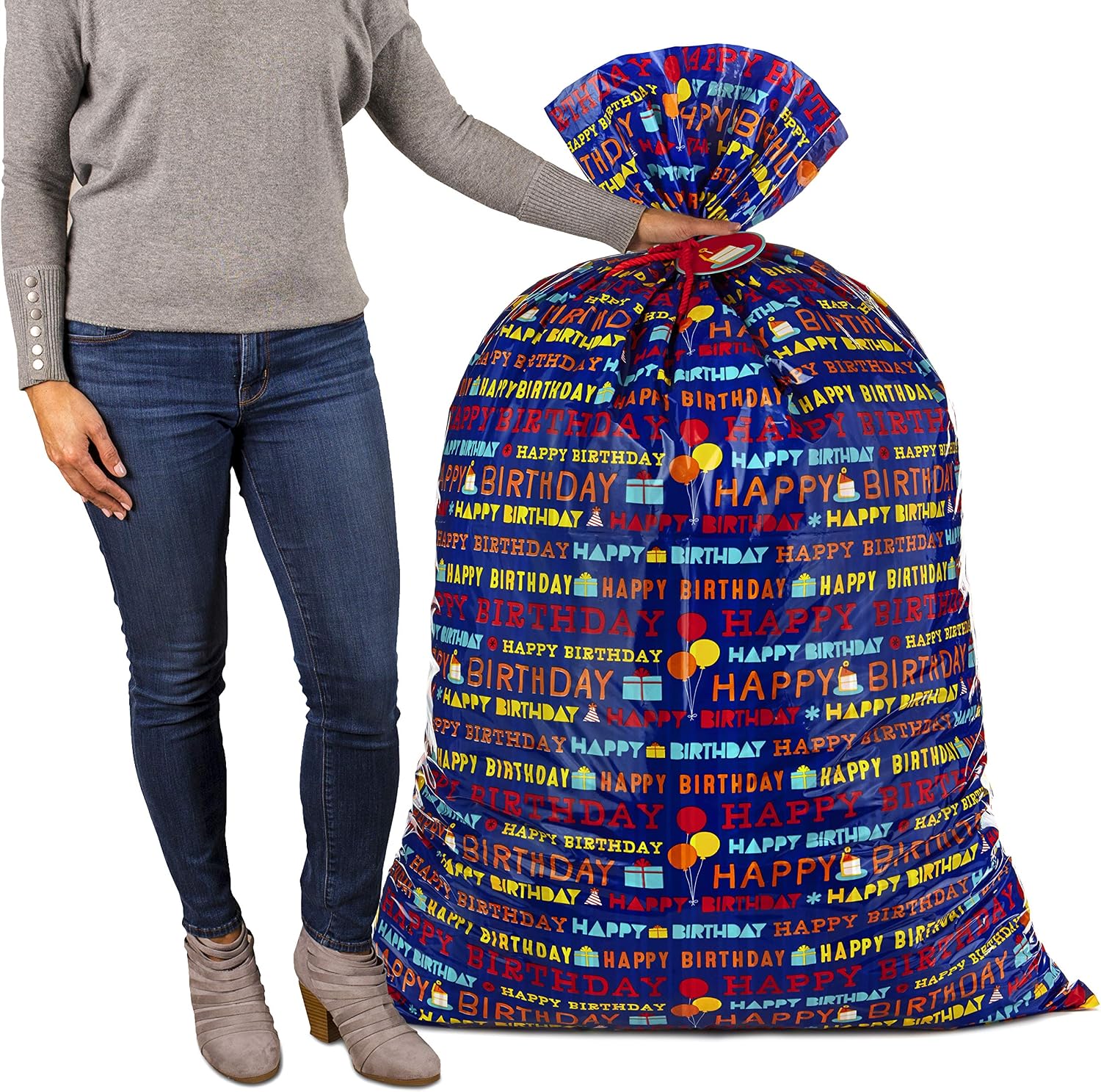 Hallmark 56" Large Plastic Gift Bag (Blue Happy Birthday) for Birthdays, Kids Parties and More