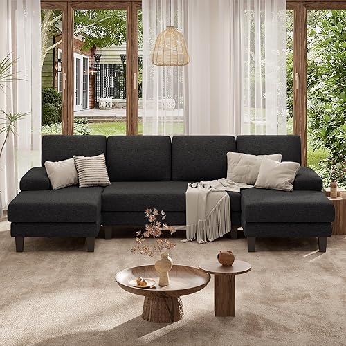 U-Shaped Sectional Sofa Couch for Living Room, Modern Modular Sofa with Double Chaise, Classic Lounge Couch Sleeper for Apartment, Black