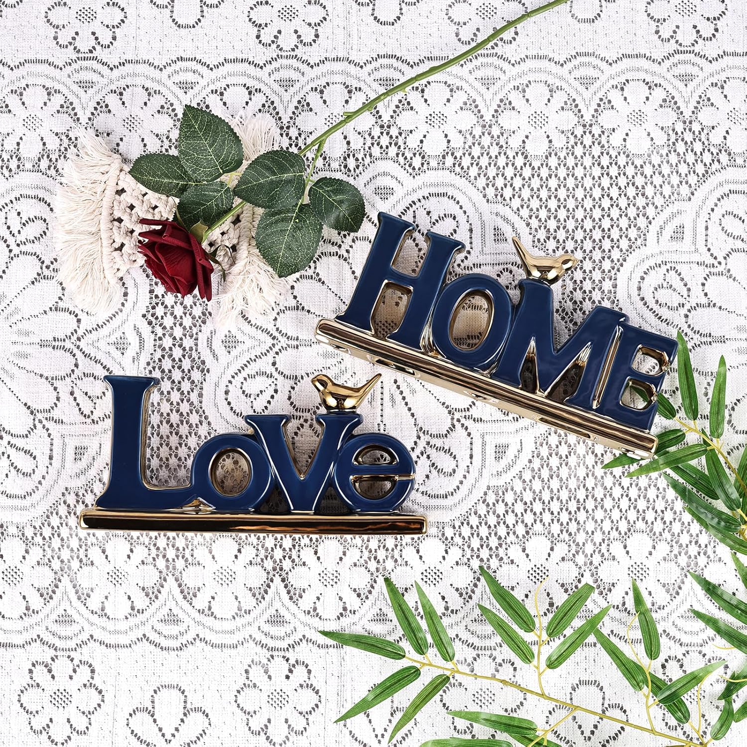 Love Sign Decor,Blue and Gold Room Decor Aesthetic, Knick Knack Shelf,Gold Bird Decor, Boho Bookshelf,Abstract Gold Statue,for Living Room,Bedroom, Contemporary Tv Stand Set of 2 (2, Blue)