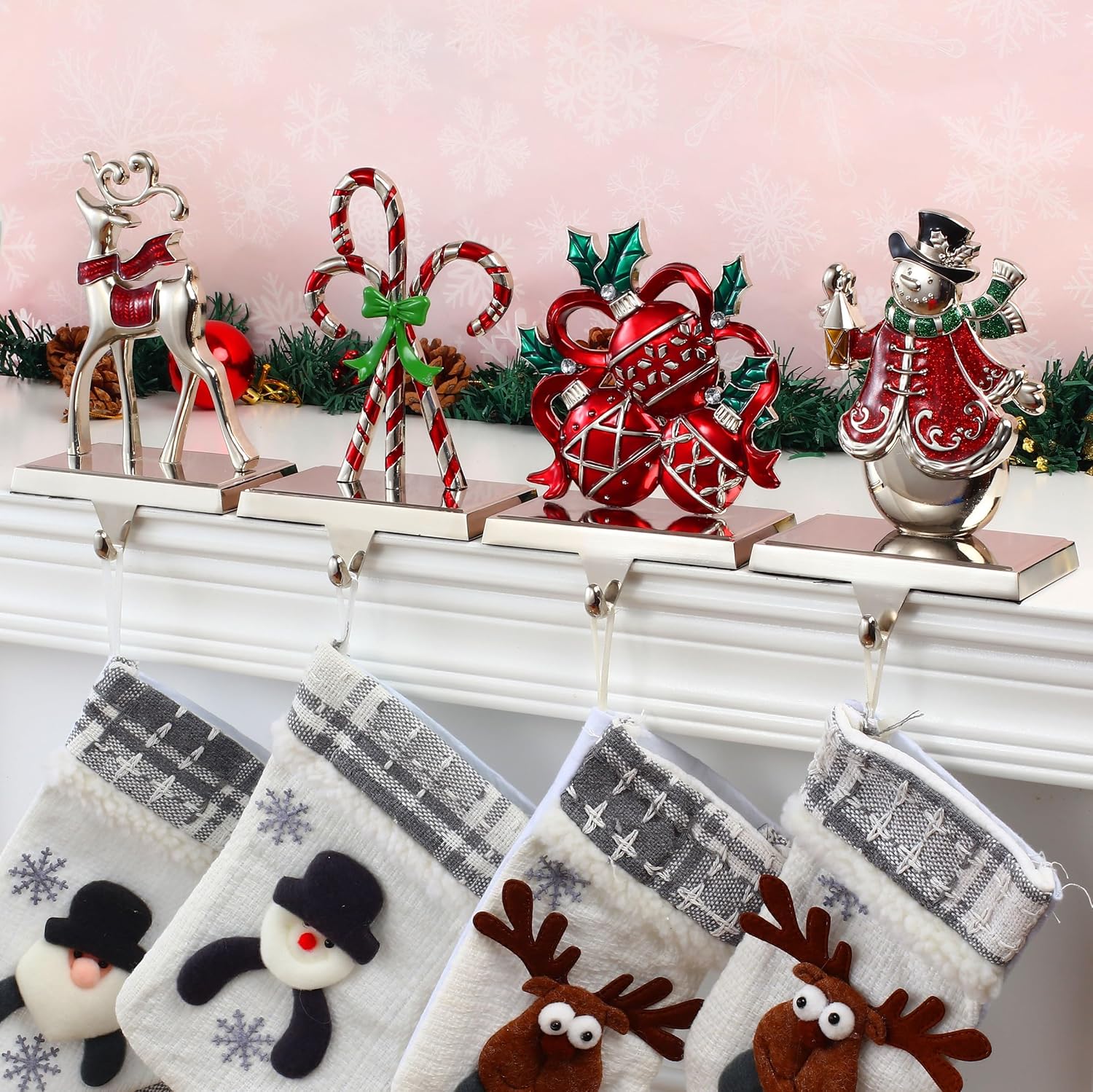 Set of 4 Christmas Stocking Holders for Mantel,Deer Snowman Stocking Hangers for Fireplace Candy Cane Holder Hanger for Stocking/Garland,Metal Stocking Hooks for Xmas Decoration (Christmas Set)