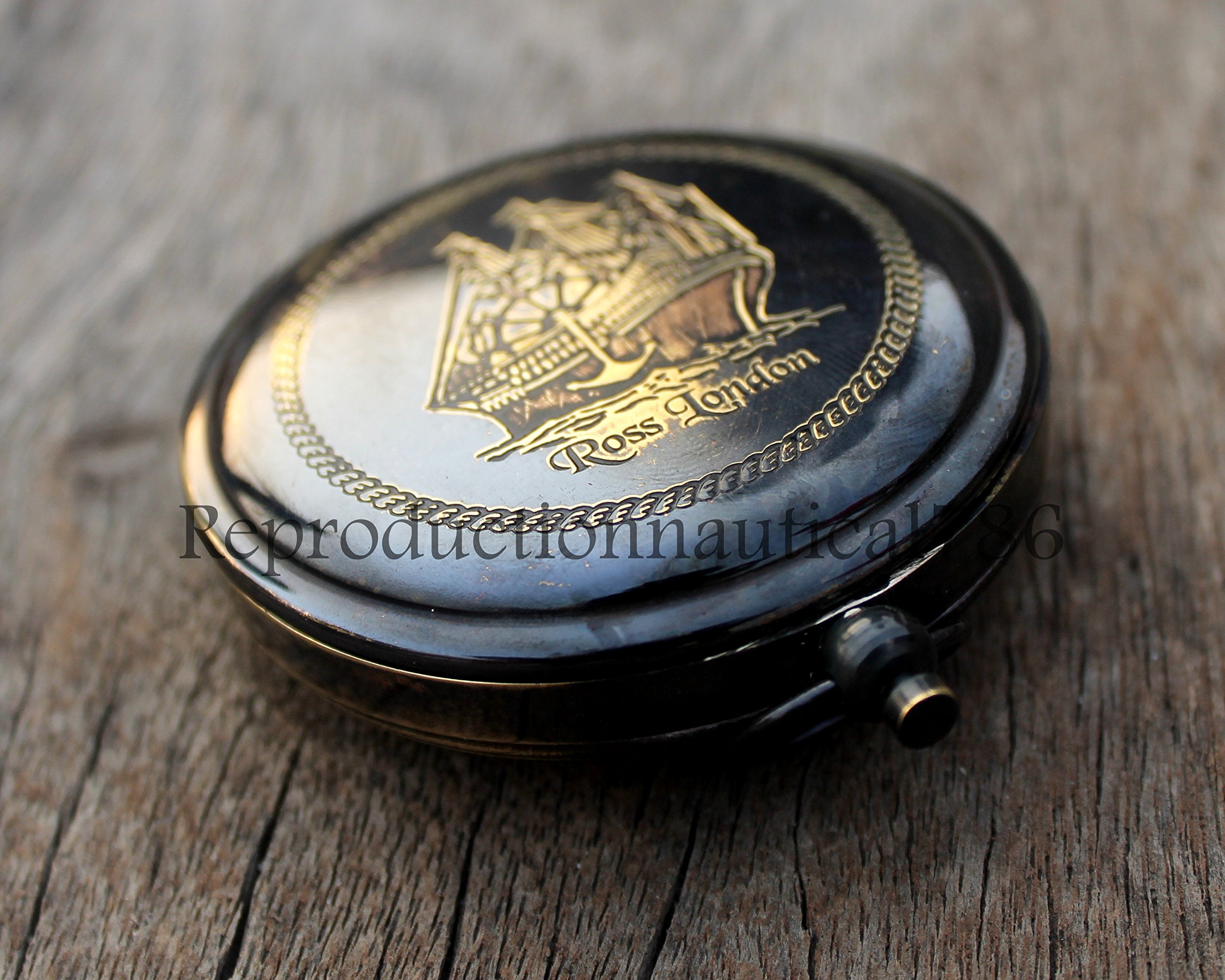 ROSS LONDON Antique Brass Working Compass With Leather Stamped