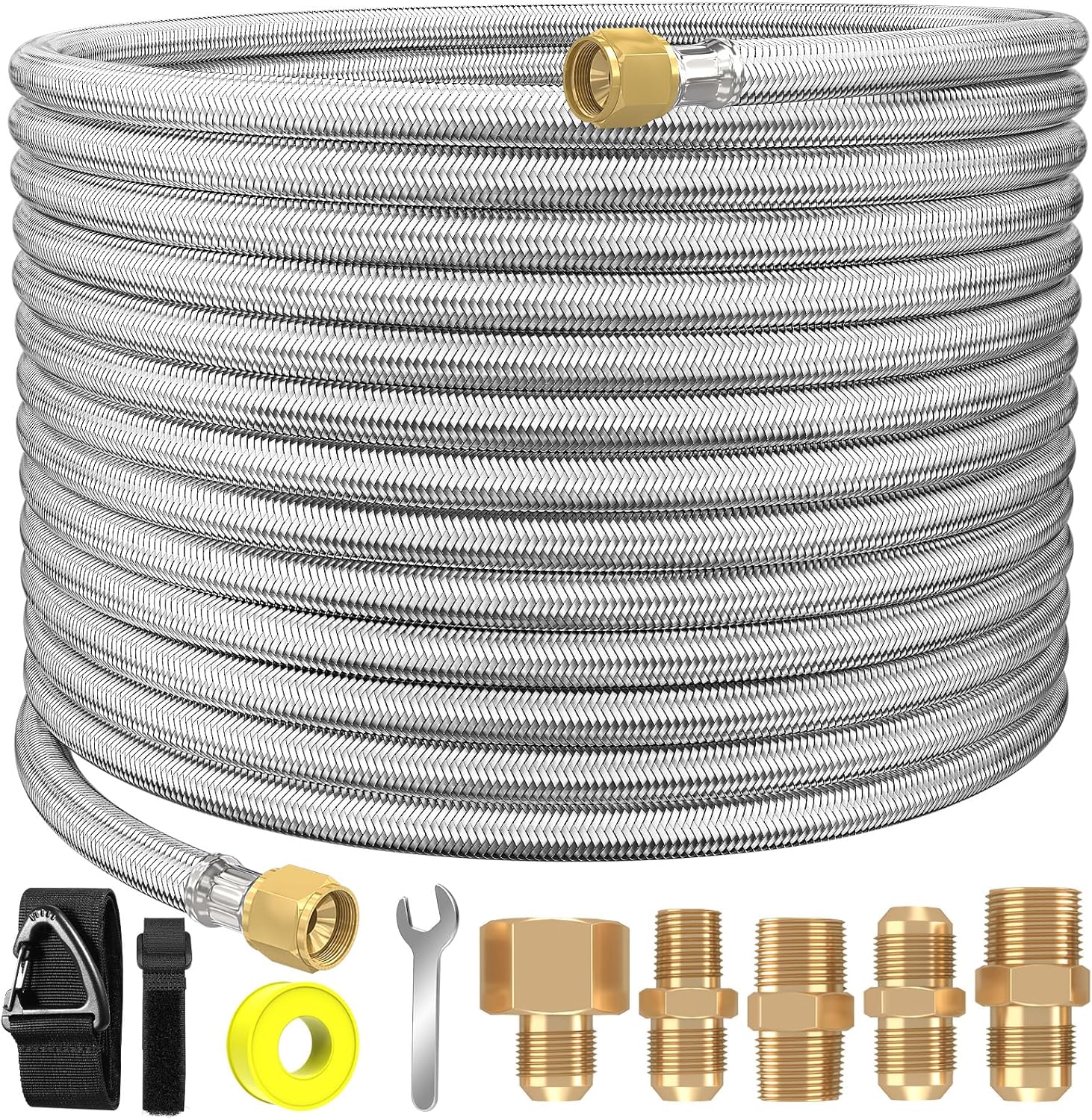 48Ft High Pressure Braided Propane Hose Extension and Fittings with Conversion Coupling 3/8" Flare to 1/2" Female NPT, 1/4" Male NPT, 3/8" NPTMale, ?” Male Flare for BBQ Grill, Fire Pit, Heater 48Feet