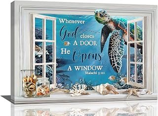 Sea Turtle Wall Art Window Sea Turtle Sea Shells Canvas Wall Decor Inspirational Quotes Painting Print Art God Opens Window Picture Artwork Framed for Living Room Bedroom Bathroom 16"x24"