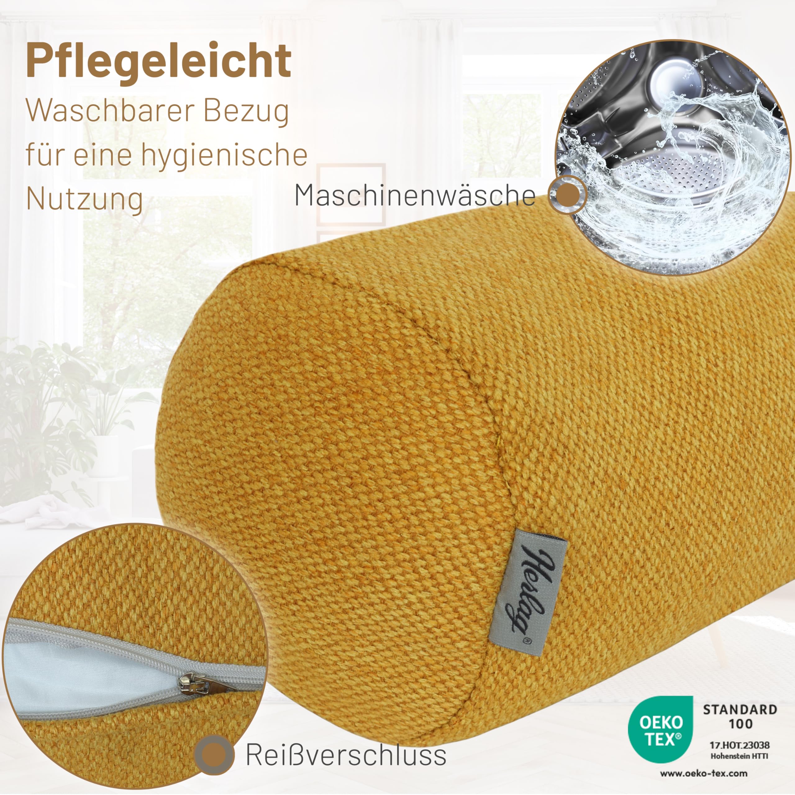 Herlag große Kissenrolle Luxe 65x20cm - Lange Nackenrolle mit Bezug - Wohnliches Seitenschläferkissen - Waschbare Schlafrolle für Erwachsene & Kinder - Eleganter Strukturstoff - Senfgelb -Öko Tex 100