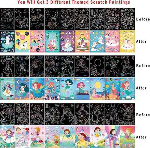Miniatura 2 de OPUHOHR Juego de 3 juegos de arte mágico de papel para rascar, colorido libro de arte de dibujo mágico con 3 bolígrafos para rascar para cumpleaños,