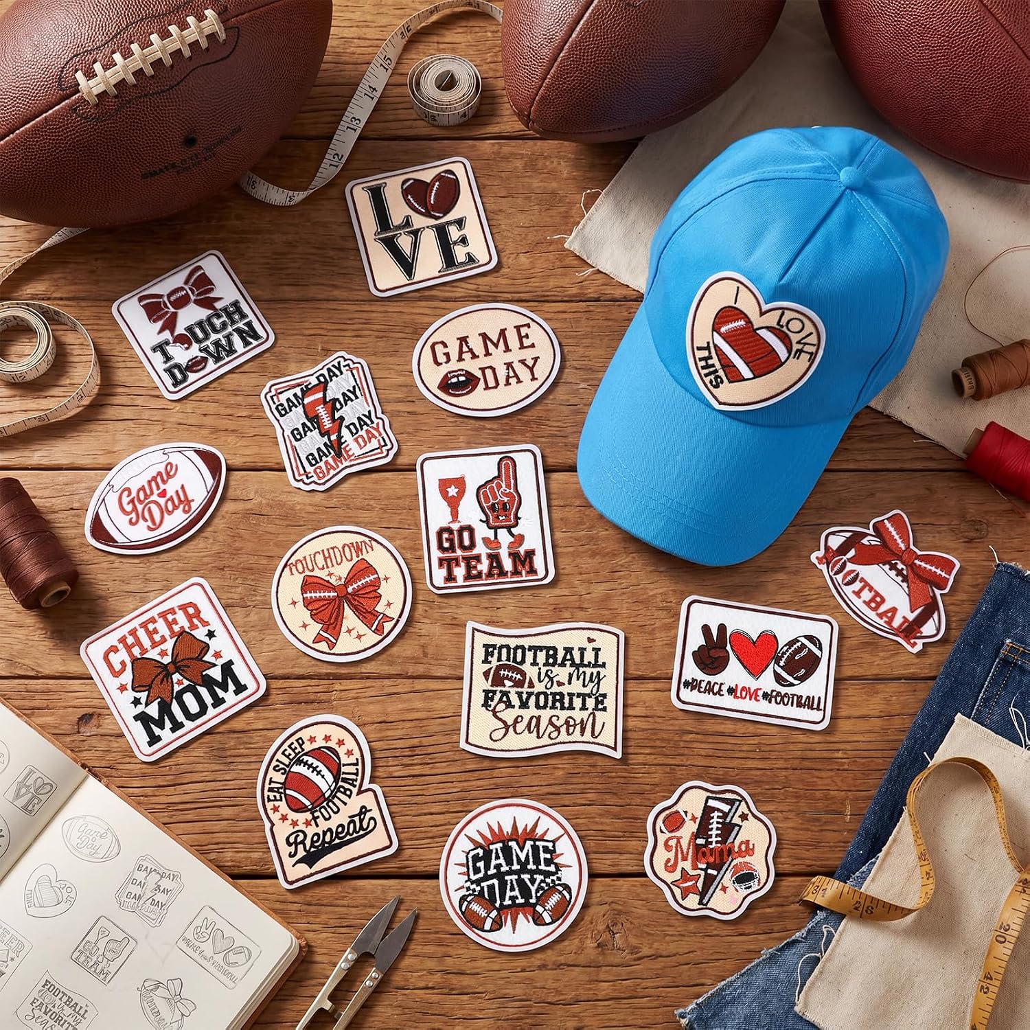 25 Pcs Football Iron on Patches for Hats Game Day Cheer Mom Embroidered Applique Bulk Sew on Patch for Trucker Hat Jacket Jeans Backpack Clothes