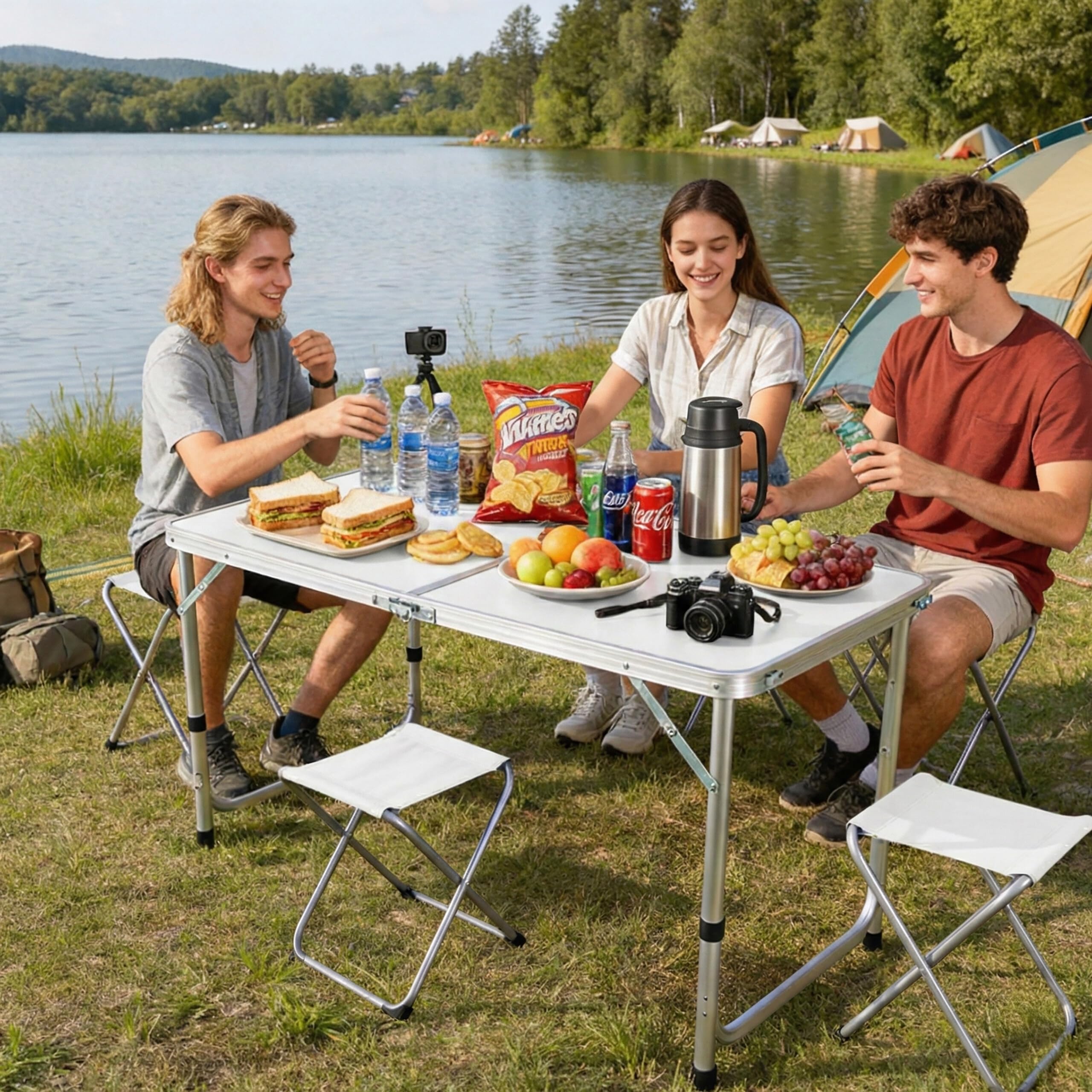 Relaxdays Table de Camping Pliable en Aluminium avec 4 tabourets, réglable, poignée, MDF Blanc 71x120x60 cm