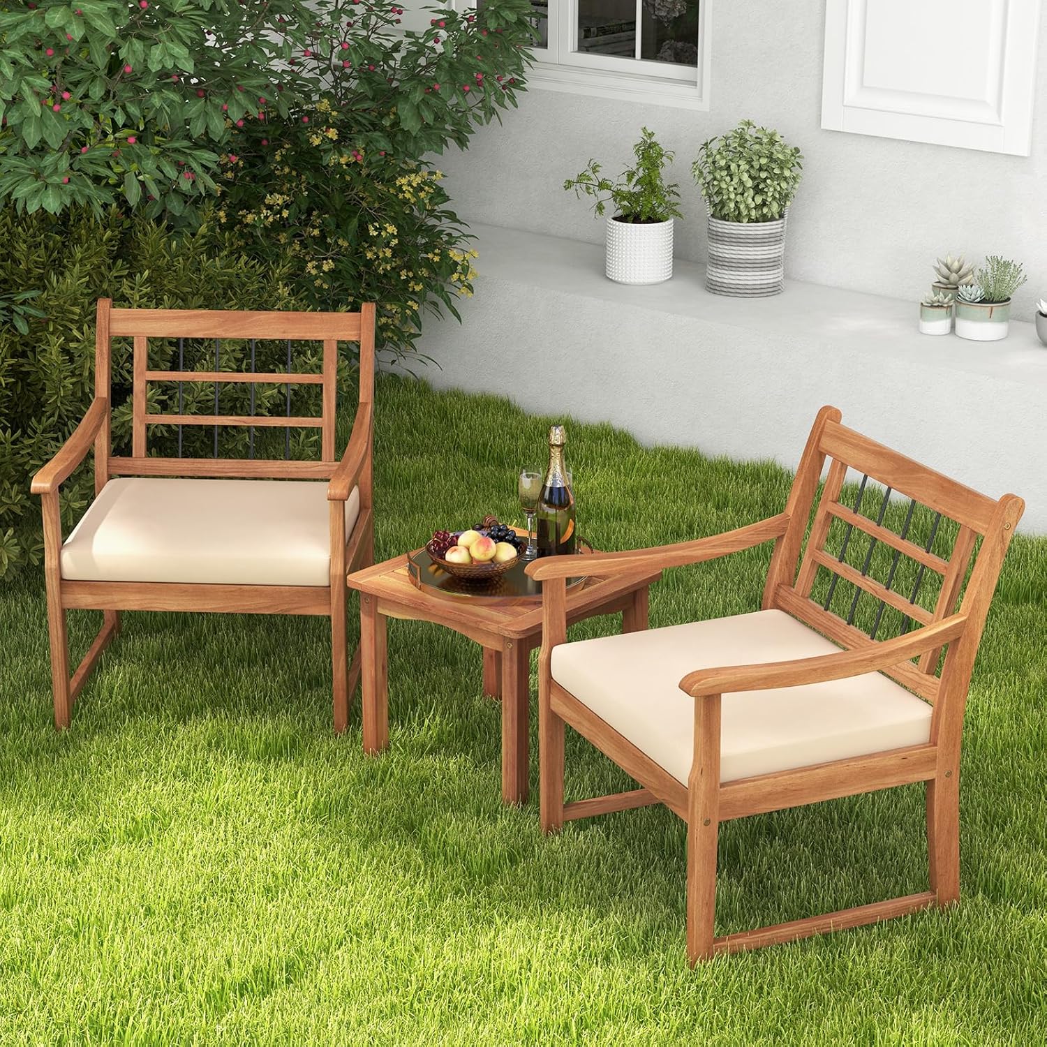 Tangkula 3 Piece Wood Patio Furniture Set, Outdoor Bistro Set w/Soft Seat Cushions, Solid Acacia Wood Frame, 2 Armchairs & Coffee Table Set for Backyard, Porch, Poolside (Off White)