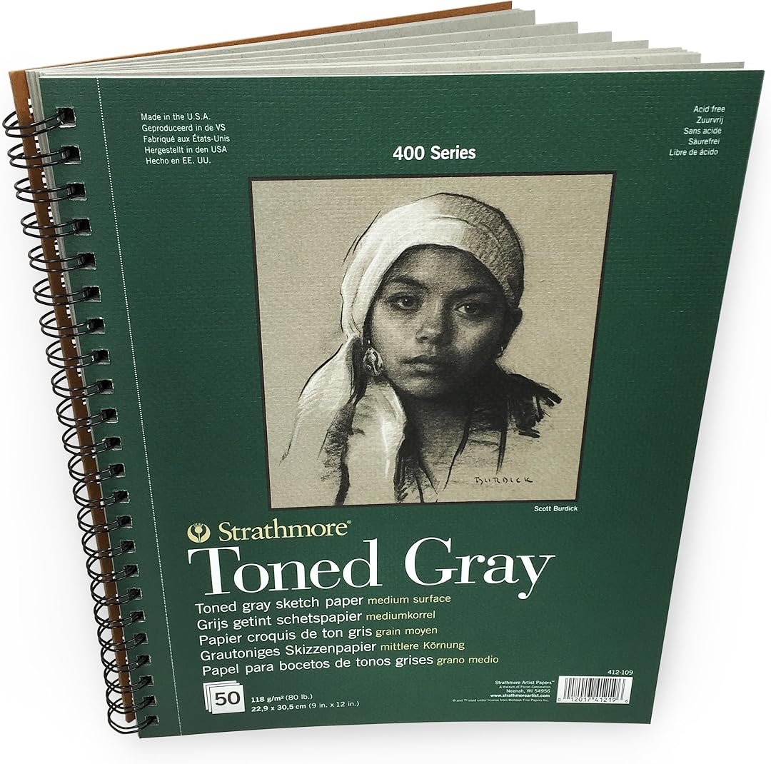 Strathmore 400 Toned 118gsm Paper Spiral Bound Sketchpad, Fine Grain, 9 x 12 in, 50 Sheets, Ideal for Professionals & Students