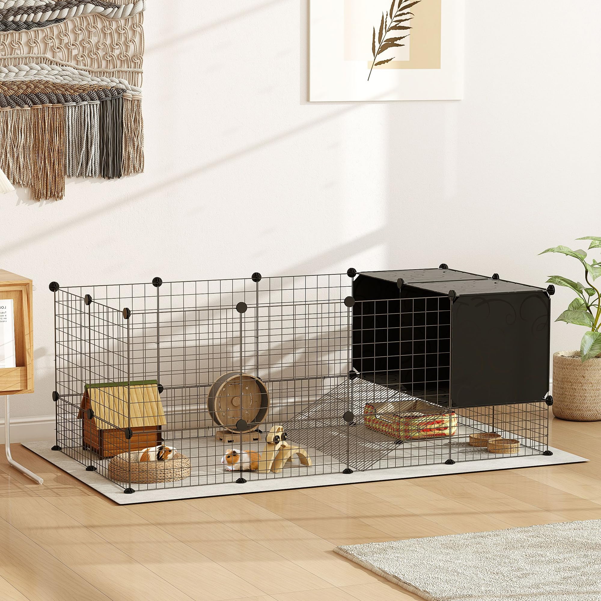 PawHut Enclos pour Petits Animaux, Cage à Lapin modulable, 31 Panneaux avec niches surélevées, Parc clôture pour Animaux domestiques intérieur pour cochons d'Inde, Lapins, hérissons, en Acier, Noir