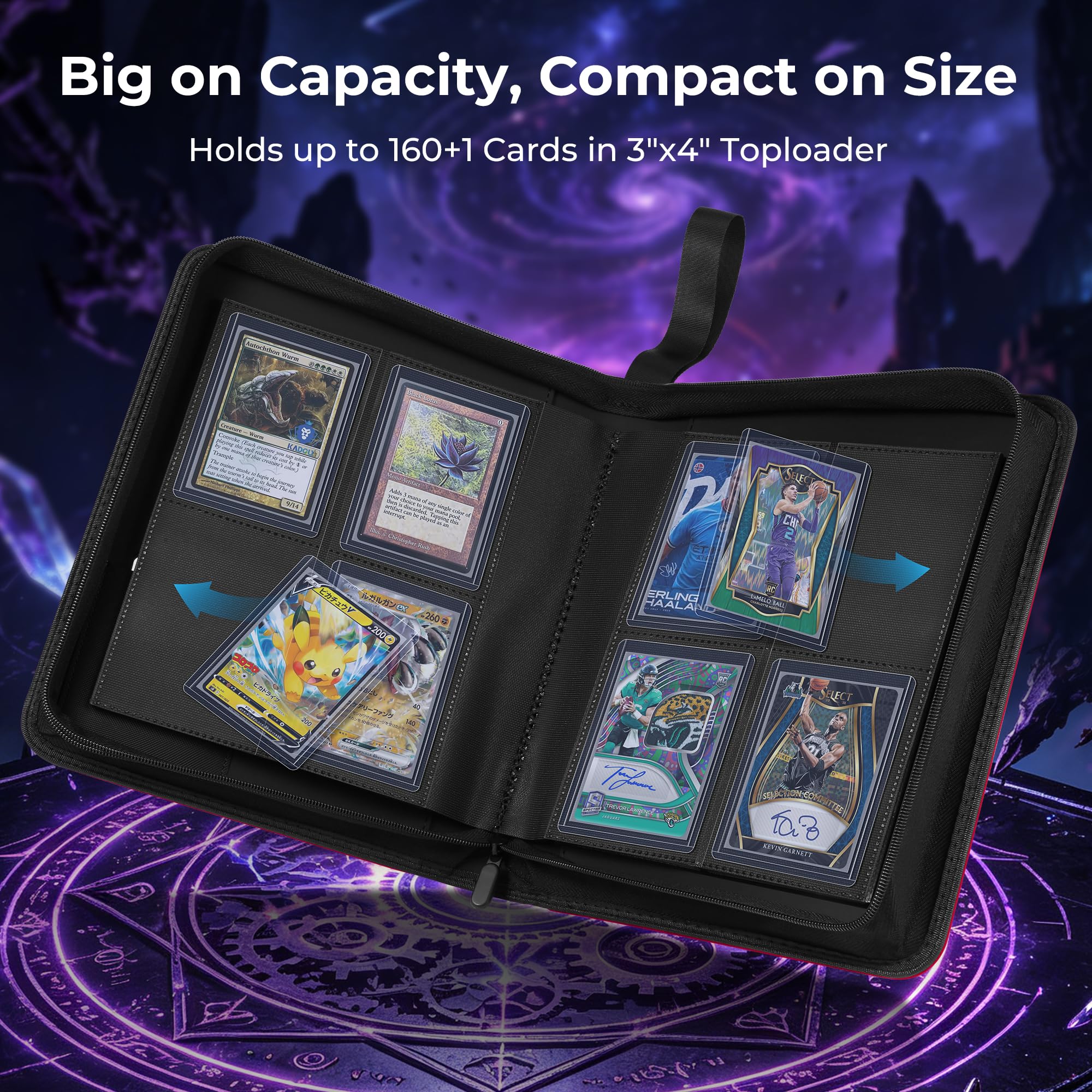 Raccoglitore a 4 tasche, contiene 161 carte in caricatore superiore da 7,6 x 10,2 cm, 200 caricatori superiori e custodie per carte incluse, raccoglitore con apertura dall'alto laterale senza