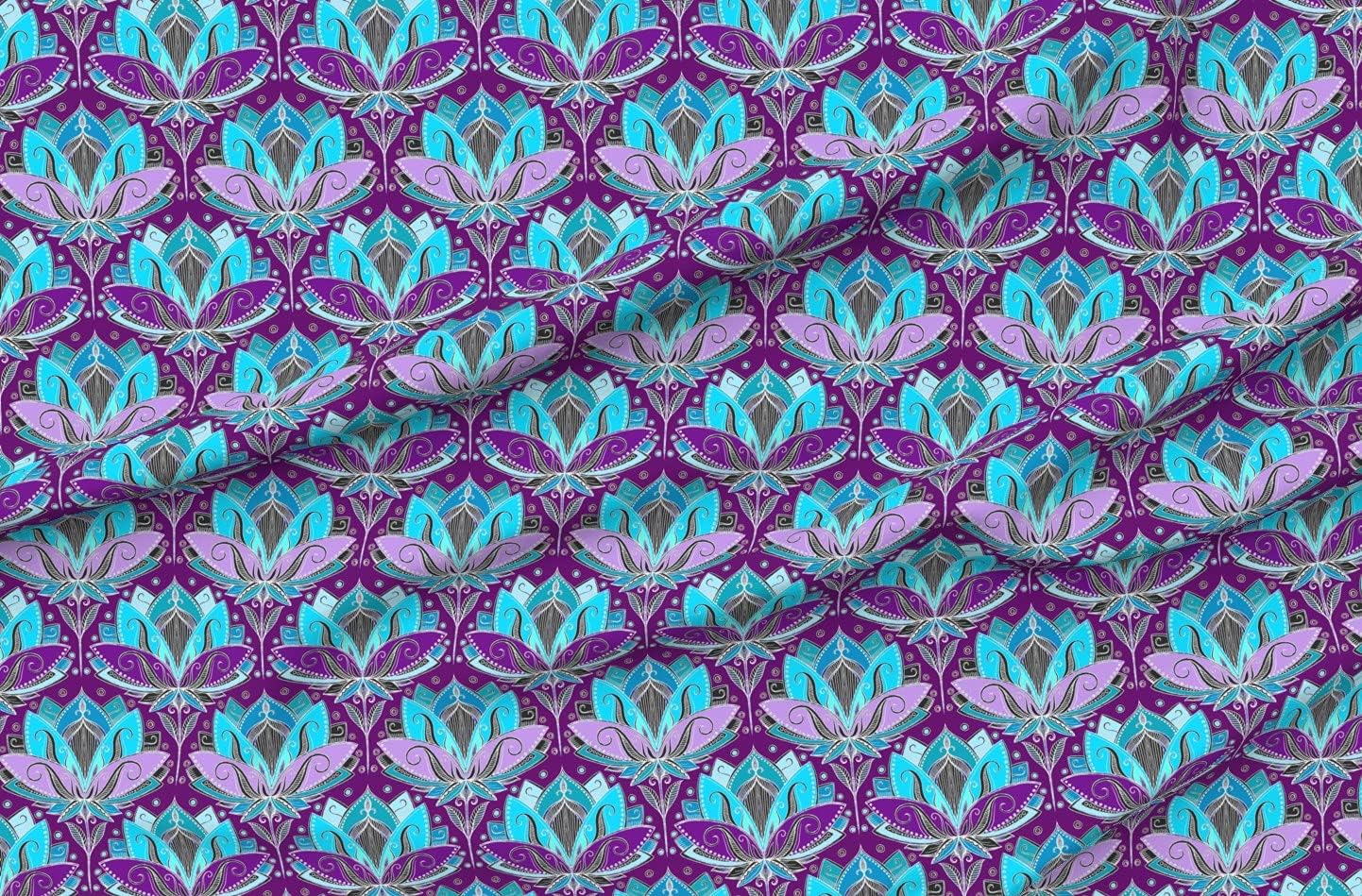 Spoonflower Fabric - Art Deco Lotus Turquoise Purple Teal Nouveau Twenties Black Fish Scale Printed on Petal Signature Cotton Fabric Fat Quarter - Sewing Quilting Apparel Crafts Decor