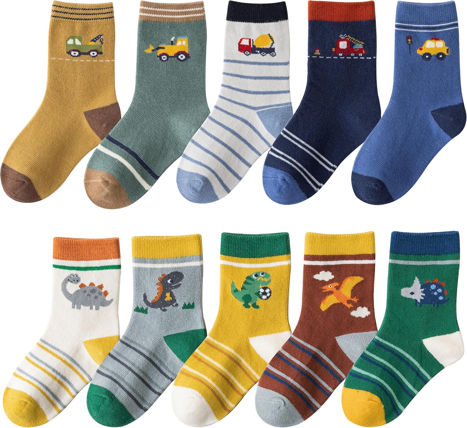 SATKELA Toddler Boys Cotton Socks Little Kids Big Boys Crew Dress Socks Colorful Striped Cartoon Dinosaur Car socks