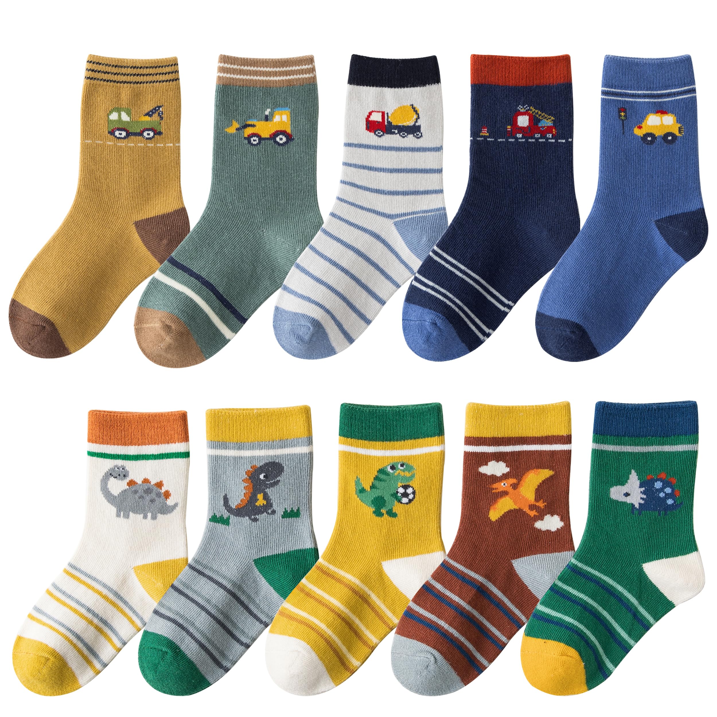 Calcetines de algodón para niños pequeños y grandes, calcetines de vestir coloridos a rayas de dibujos animados de dinosaurio, coche