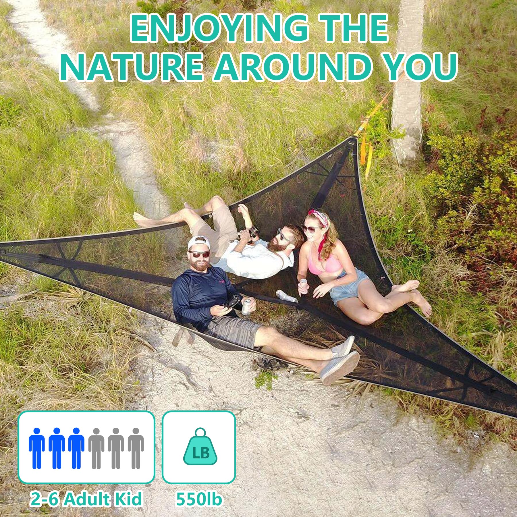 LUKETURE Triangle Hammock, 13ft Camping Hammock Max 600 Lbs for2-6 Adult Kid, Multi Person Tree with 3 Ratchet Tie Down Straps & Net Pocket, Portable Outdoor Travel (157''/400cm), X-Large (EDQ1)