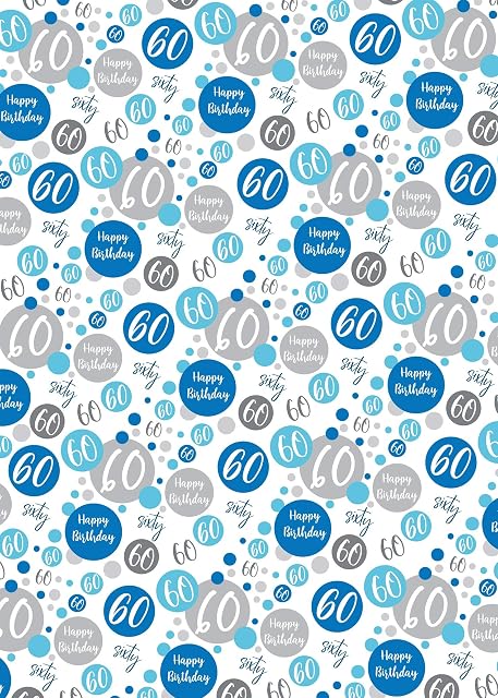 2 Sheets + 2 Matching Gift Tags 60th Birthday Man Wrapping Paper Age 60 Birthday Blue White Giftwrap Male (PA)